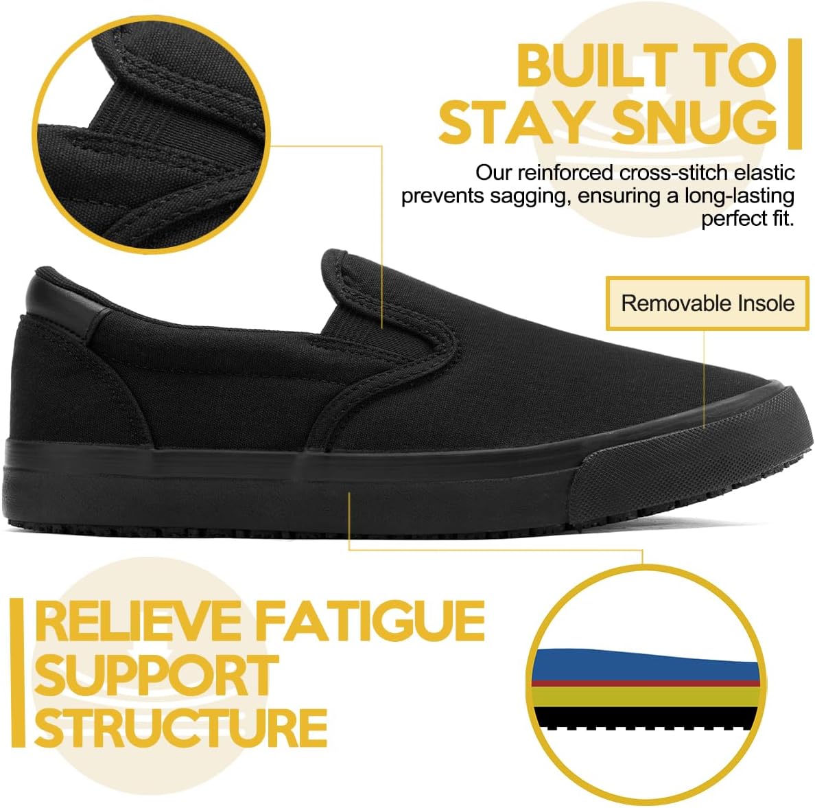 Non-Slip Work Shoes for Men & Women, Unsex Slip-Resistant (Oil & Water) Sneakers for Food Service, Black Slip On Restaurant Server Shoes, Comfortable Casual Anti-Slip Chef Kitchen Shoes