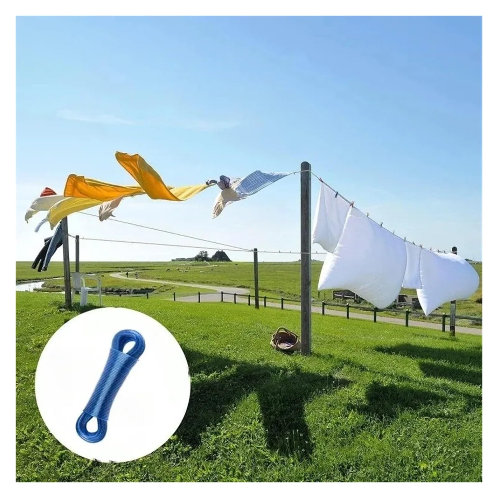 Wäscheleine 20 m Lange Wäscheleinen aus Stahldraht | Trocknen von Wäsche, Wäscheleinen, Wäscheständer for Kleidung, Camping, Outdoor, Garten, Wäscheleine(Blue-20M-1pcs)