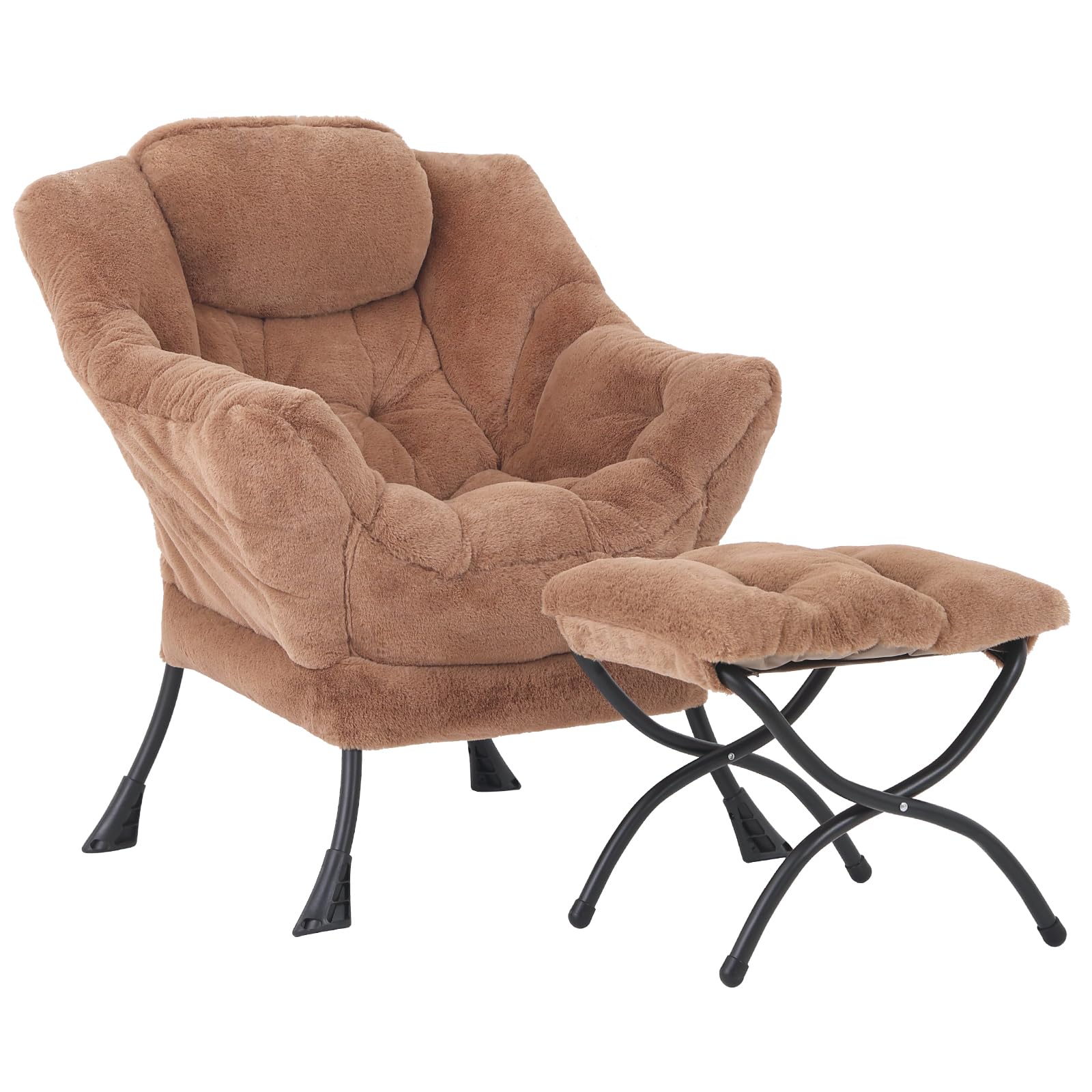 MBOOYOME Lazy Chair with Ottoman, Modern Accent Chair Contemporary Lounge Leisure Upholstered Sofa Chair Set with Armrests, Reading Chair for Living Room, Bedroom, Office, Plush Brown