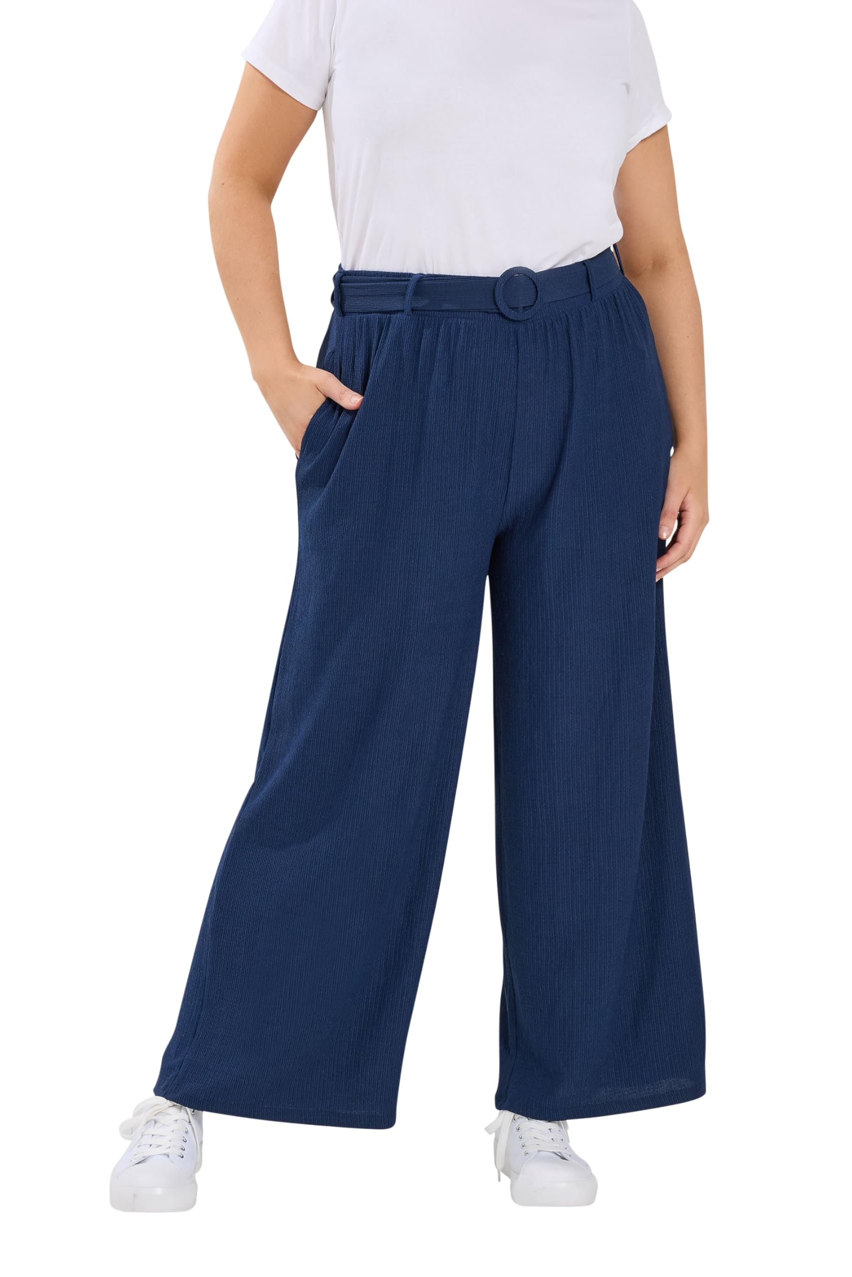 Yours Curve Blue Belted Textured Wide Leg Trousers - Women's - Plus Size Curve