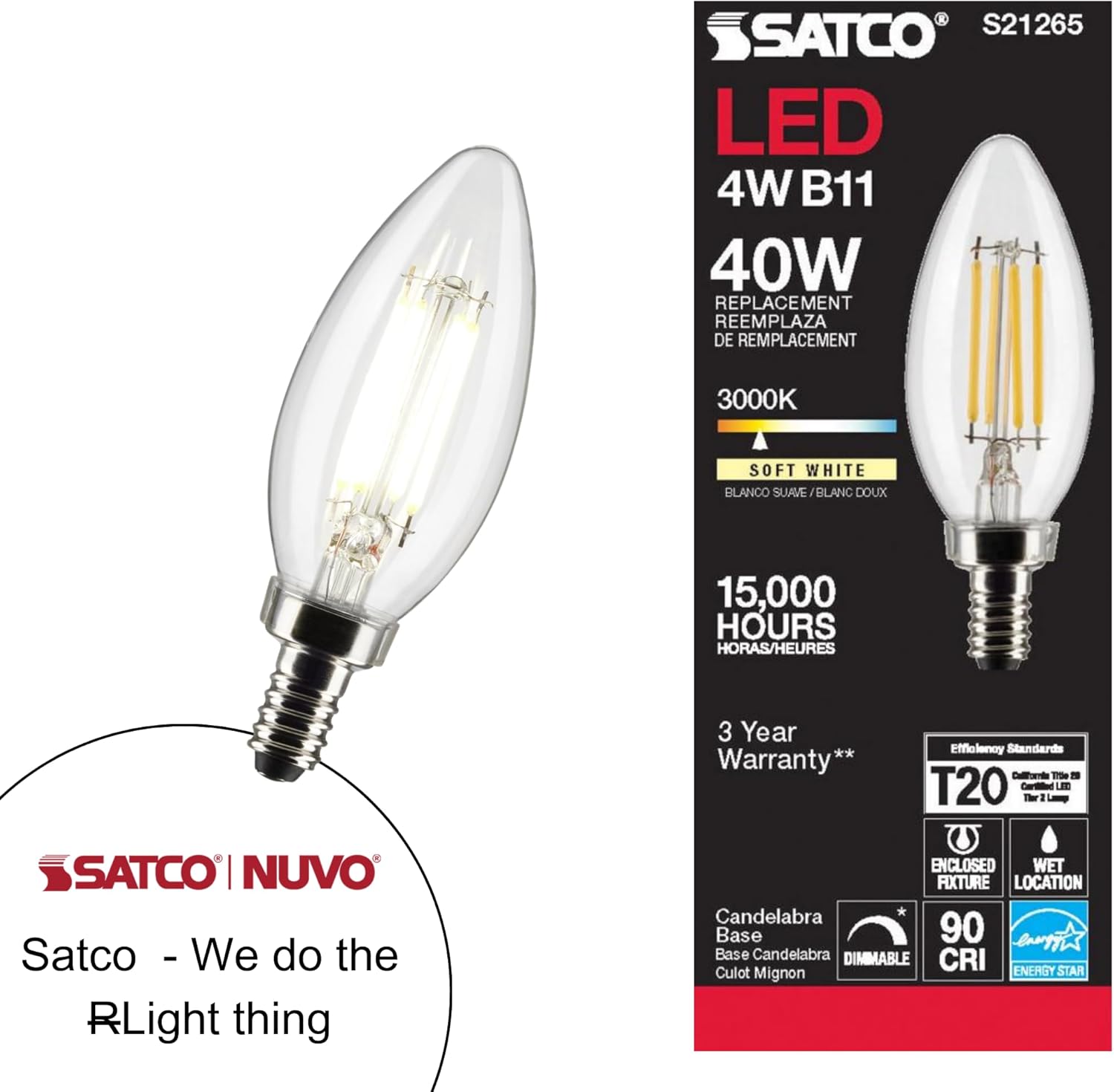 Satco LED Lamps, S21265 4B11/LED/930/CL/120V/E12, 4 Watt B11 Clear Candelabra Base 90 CRI 3000K Soft White 120 Volt for Chandeliers, Ceiling Fan, Pendant, Wall Sconces (24 LED Light Bulbs)