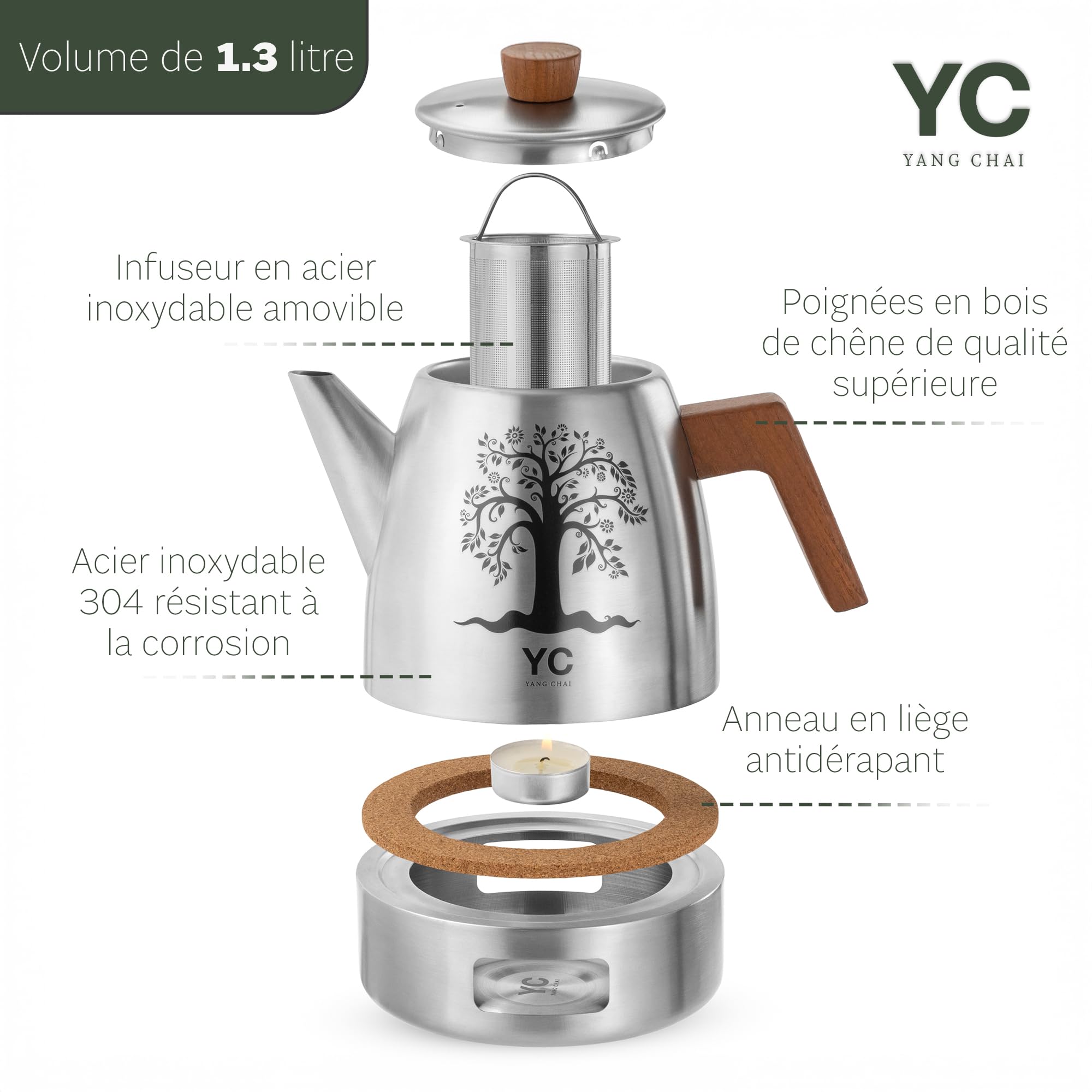 YC Yang Chai Théière avec Filtre 1,3L – Théière Design avec Réchaud Chauffe-Thé et Poignée en Bois – Accessoire Elégant pour Infusion, Tisane et préparation de Thé en Vrac