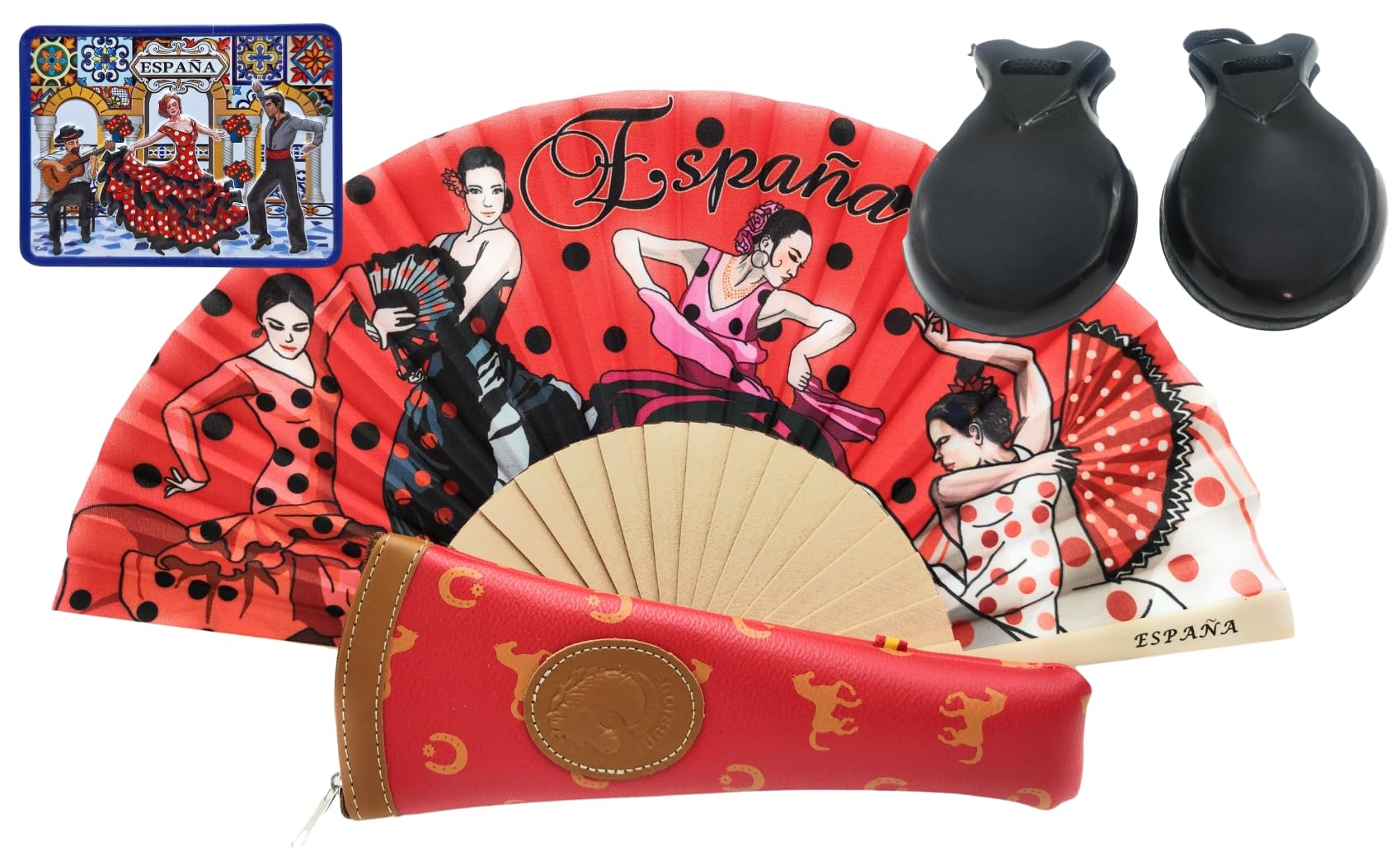 Pack Flamenco con Abanico de Bambú, Funda Artesanal Hecha en España, Castañuelas de Madera y Llavero – Detalle Tradicional Español