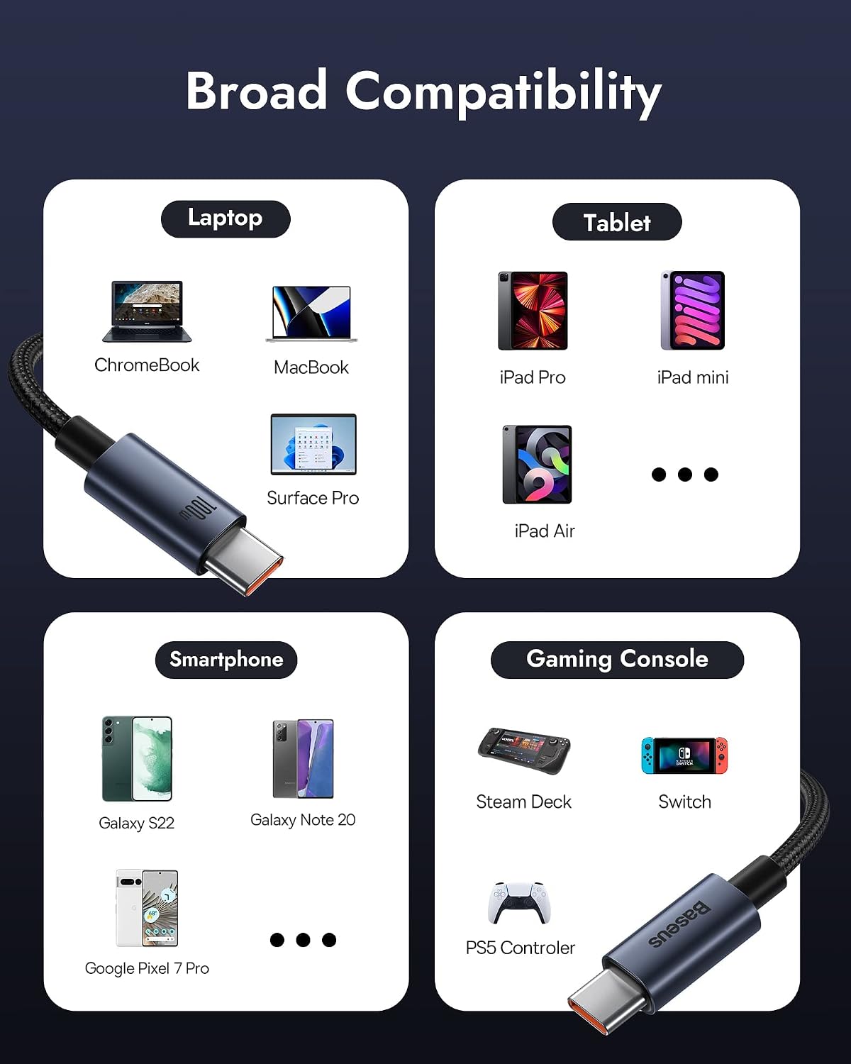 Baseus USB Type C Cable, Fast Charger 6.6FT USB-C Cable, Nylon Braided USB-A to Type-C LED Charging Cord for Samsung Galaxy S21 S20 S10 S9 S8 Plus, Note 10, Redmi Note 8/9, Huawei, LG, NS, Black