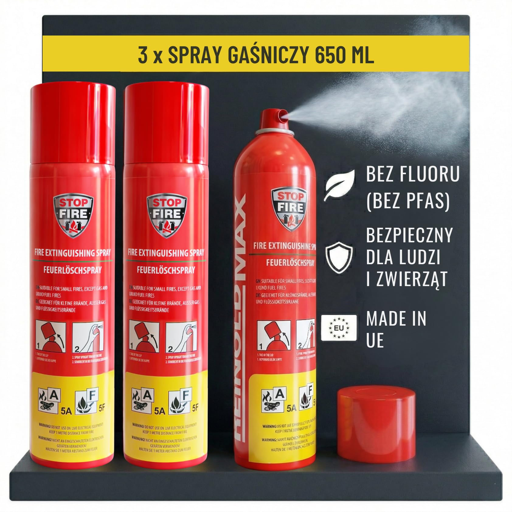 3x 650ml spray gaśniczy A F & E do 1000 V bez fluoru | Bezpieczna dla skóry piana gaśnicza, Mini gaśnica do auta – do domu i samochodu, mała gaśnica
