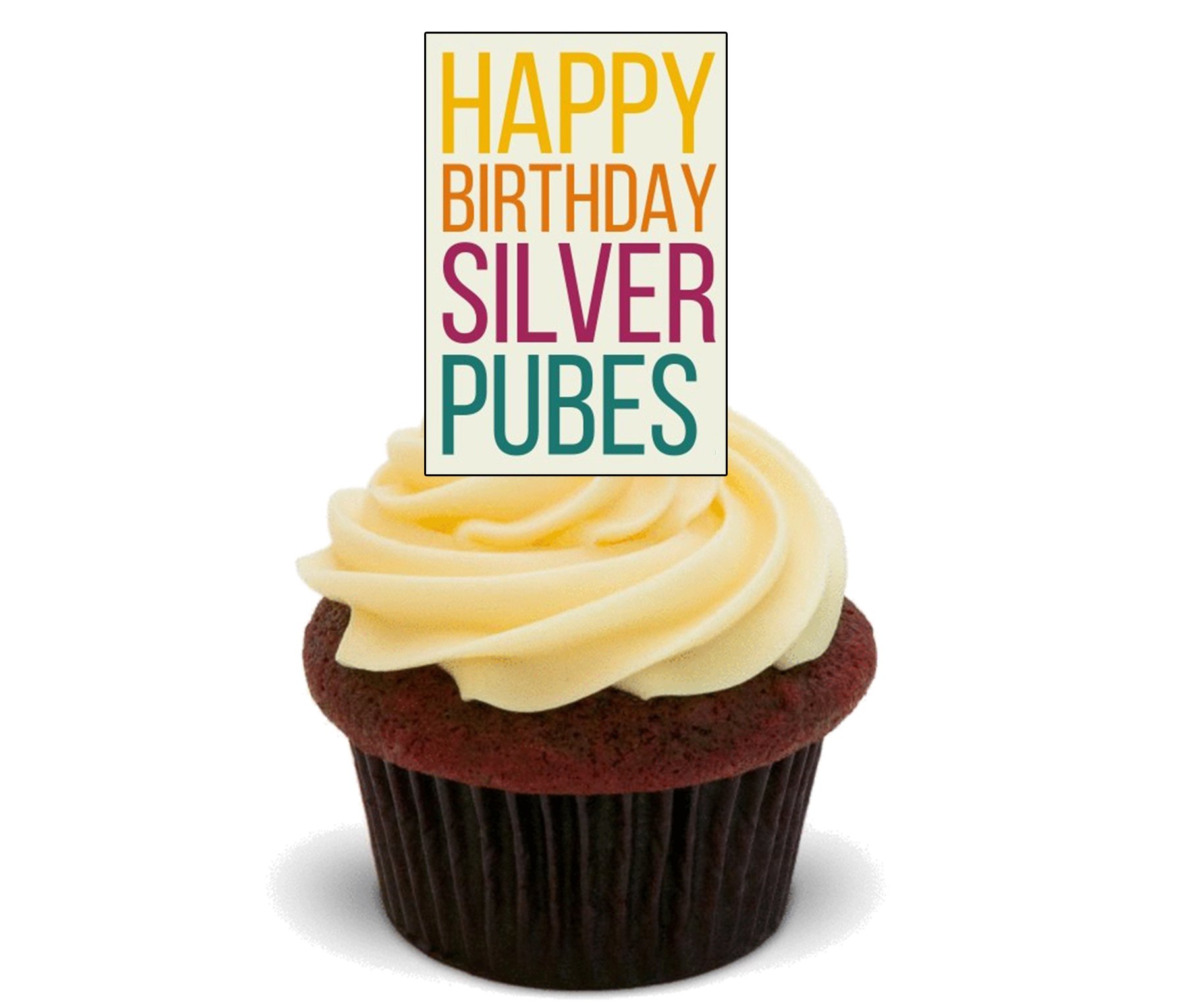 Made4you Silver Happy Birthday Pubes - Funny/Rude Edible Cake Decorations - Stand-Up Wafer Cupcake Toppers (Pack Of 12)