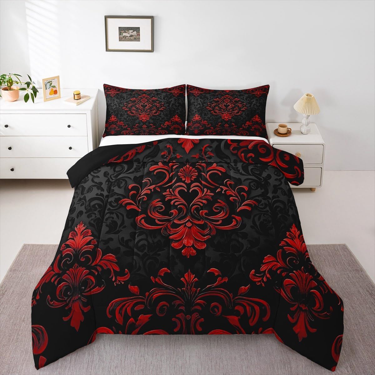Erosebridal Black Red Gothic Comforter Set Queen Size,Vintage Boho Damask Floral Comforter,Bohemian Exotic Goth Bedding Set for Kids Adults Victorian Baroque Flower Bed Set 3 Pcs
