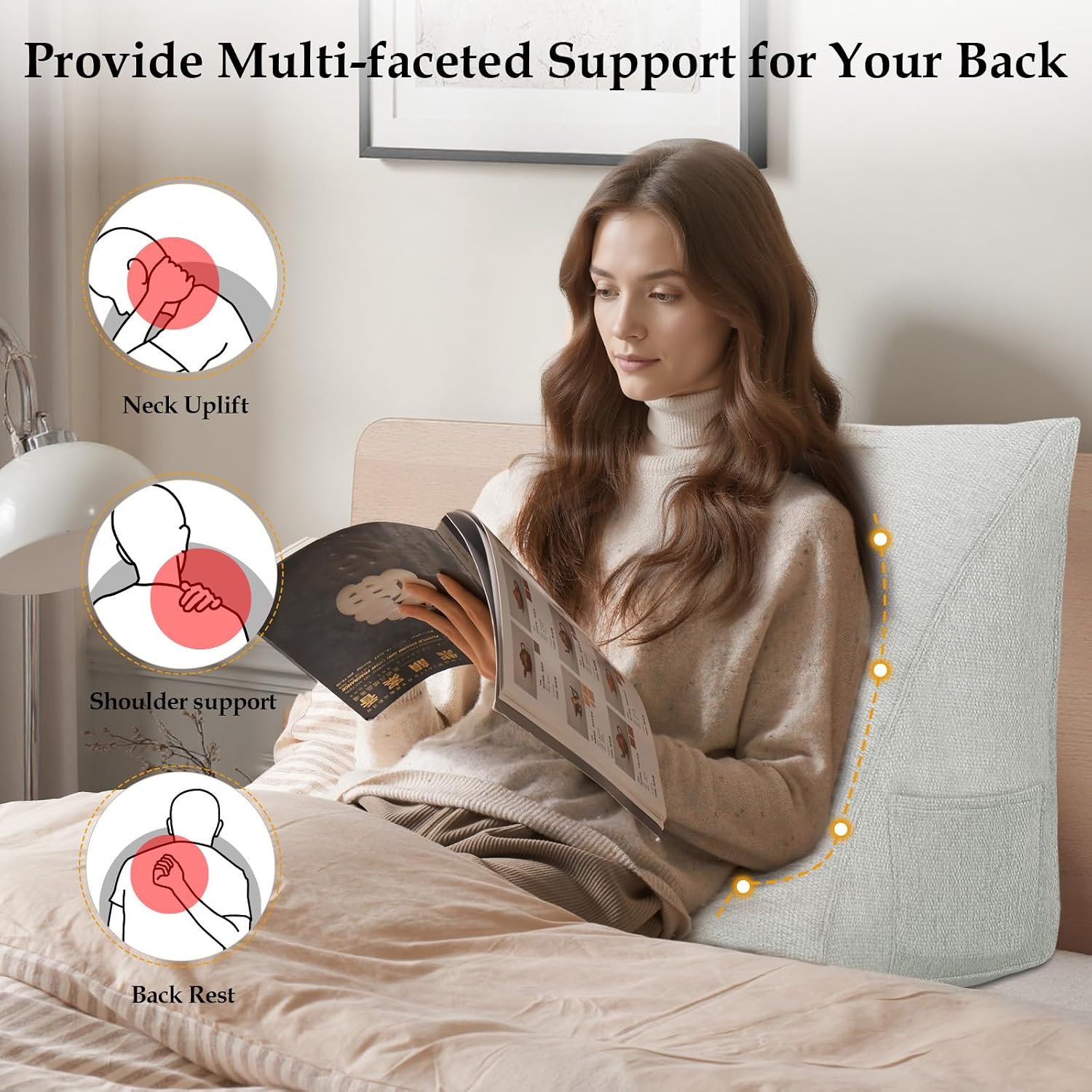 Wedge Headboard Pillow, Headboard Wedge Pillow for Bed Wedge Pillow, Reading Pillow, Head Board Backrest Soft Triangular Pillow with Removable Cover Side Pockets for Bed Dorm Sofa-White
