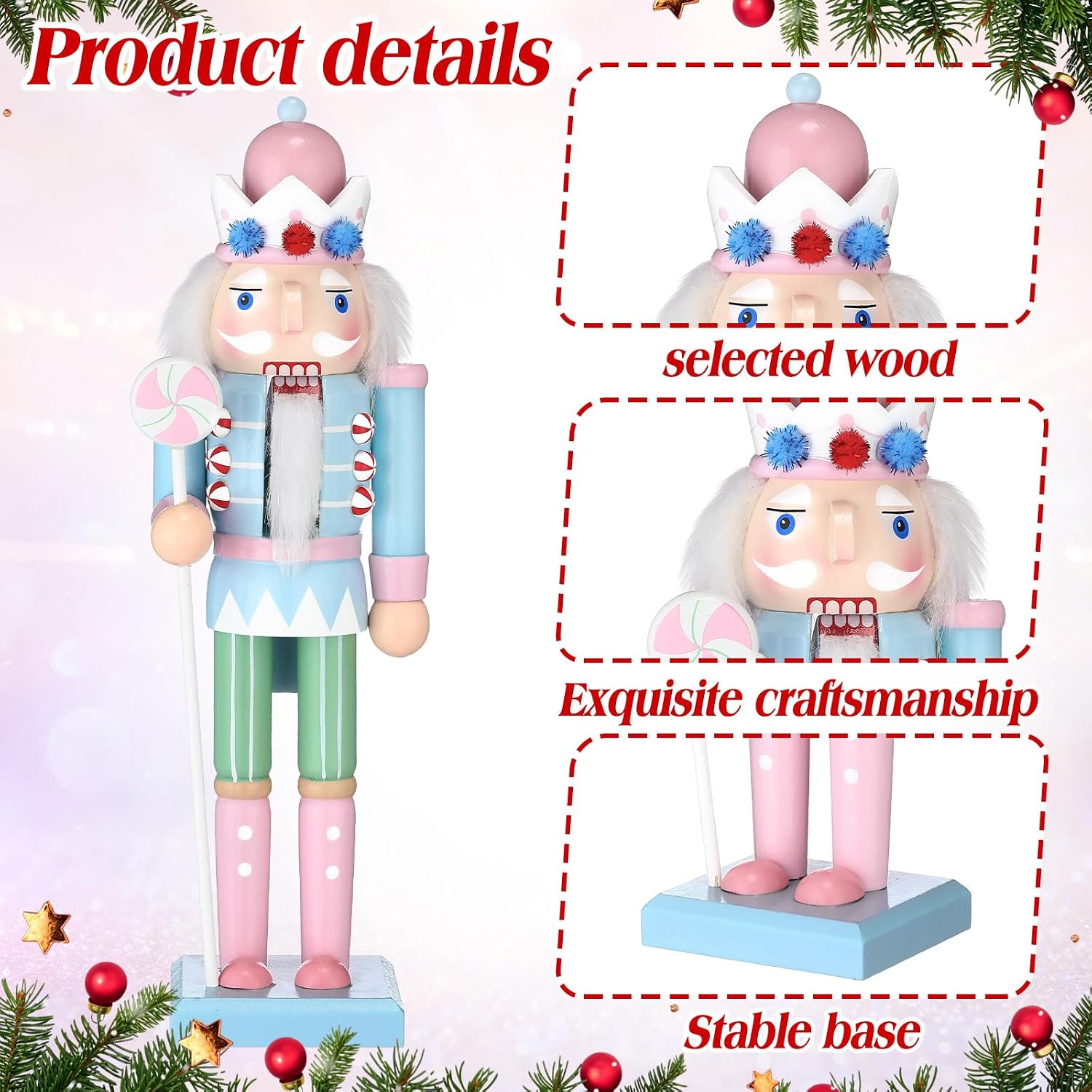 Colingmill 12" Christmas Nutcracker Decor Pink Blue Pastel Nutcracker Ornaments Xmas Candy Wooden Figure Decoration for Holiday Tree Home Hanging Pendant Party Gift Decoration