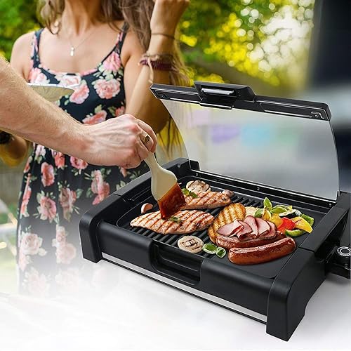 Miniatura 5 de Parrilla eléctrica 2 en 1 para interiores, parrilla abrasadora con ventana de visión, parrilla de cocina de 1200 W, rejilla antiadherente sin humo,