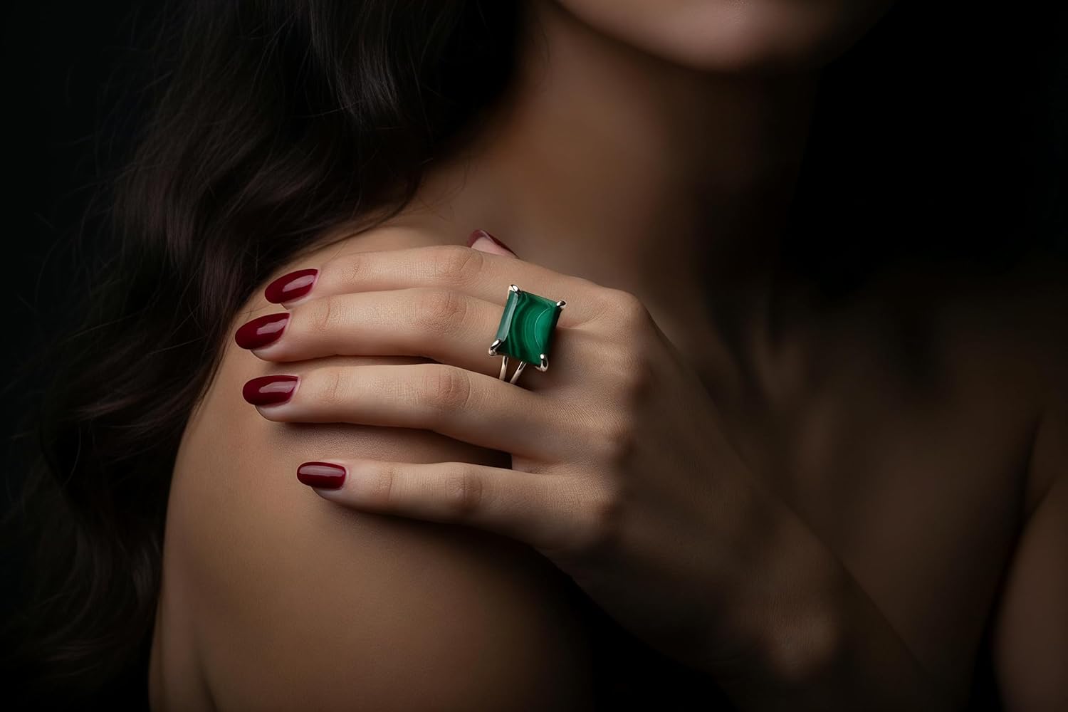 Emerald Cut Malachite Ring – Sterling Silver 925 Gemstone Ring – Green Rectangle Stone Jewelry – Modern Silver Statement Jewelry – Women’s Bold Gem Rings