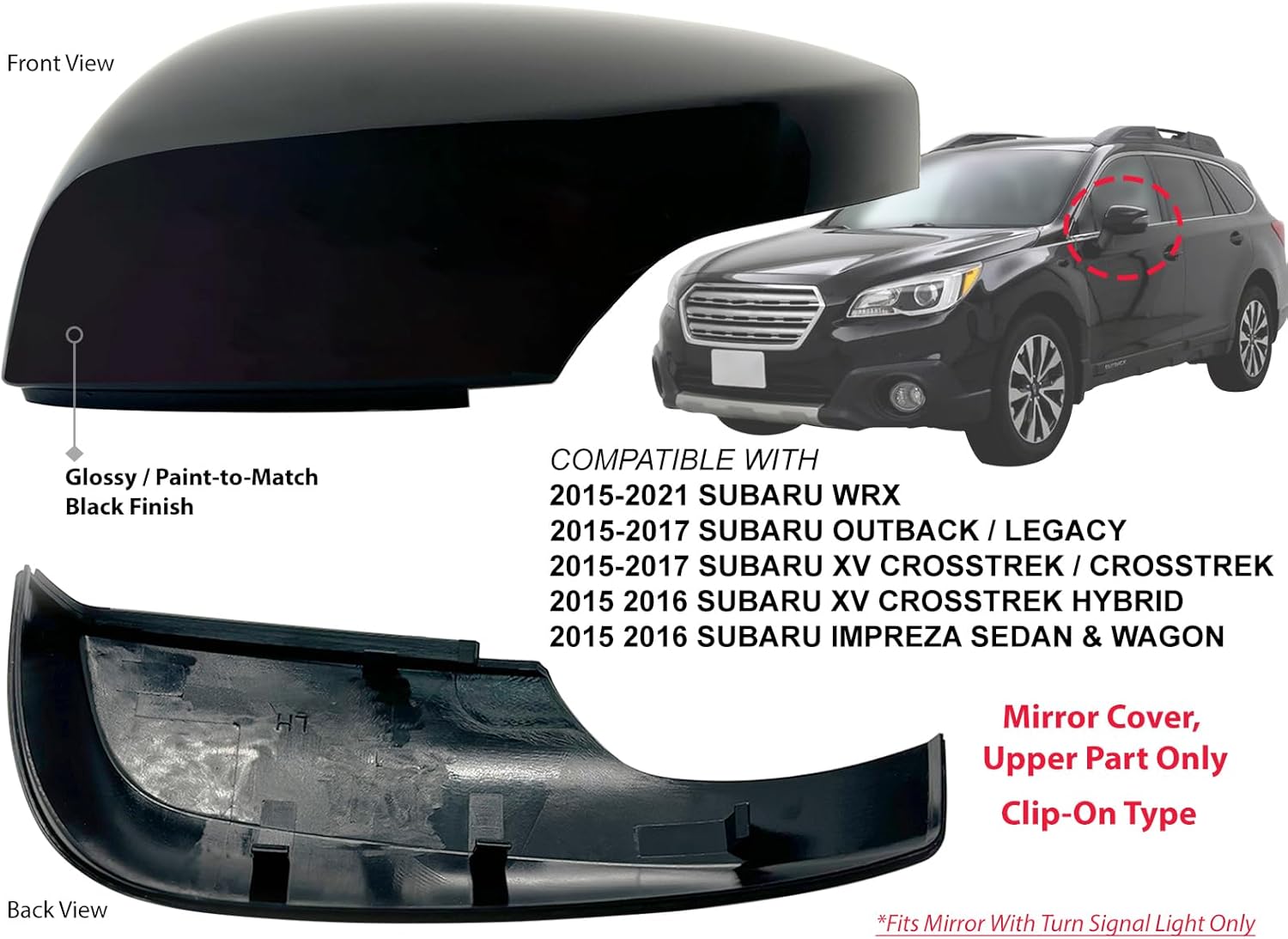 KAP Replacement for Exterior Rear View Mirror Cover with Signal Light Type fits 2015 - ON Outback Legacy Crosstrek WRX Impreza Glossy Paint-to-Match Black Driver Left Side SU1326102