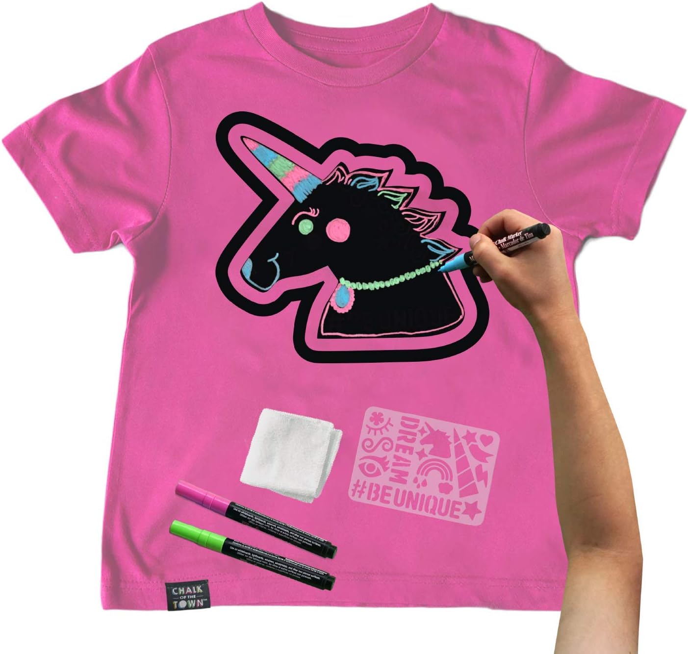 Chalk of the Town Pink Unicorn Chalkboard Short Sleeve T-Shirt Kit for Kids with 3 Markers and 1 Stencil (Youth Large)