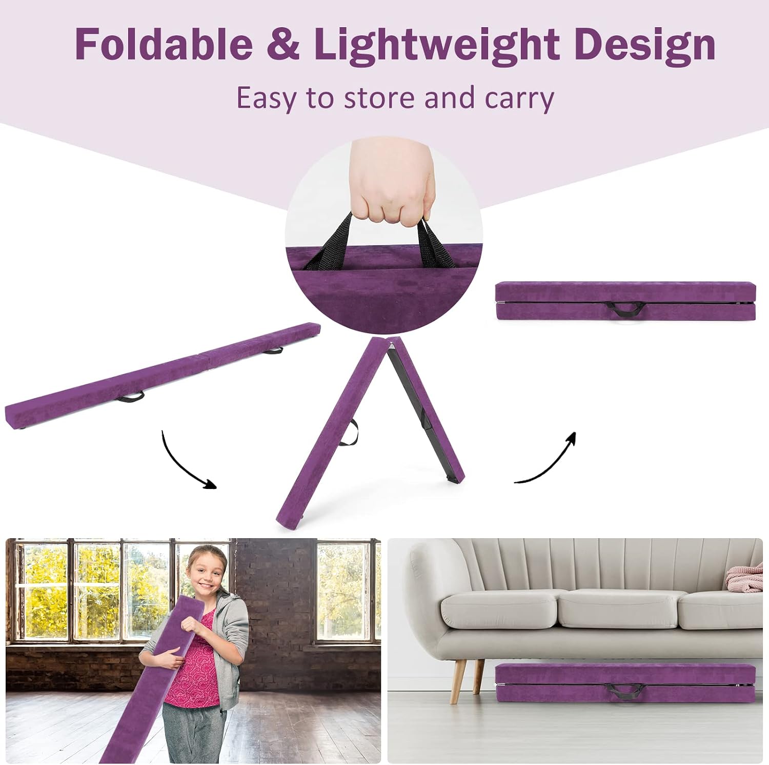 GYMAX 7/8/9 FT Folding Balance Beam, Portable Foam Gymnastic Beam w/Solid Wood Base, Carry Handle & Anti-Slip Bottom for Kids Teens Floor Home Gym