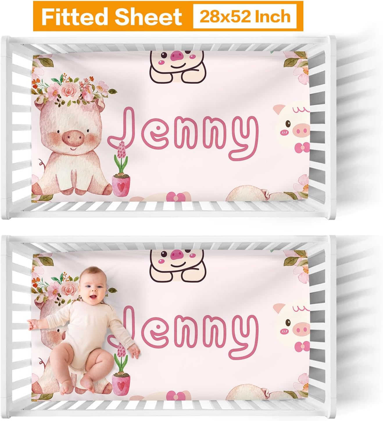 Personalized Girl Crib Bedding Set for Infant Baby: Custom Name Nursery Decor Love Pig Pink Baby Blanket Fitted Crib Sheet Changing Pad Cover 3 Pcs(Fixed Size)