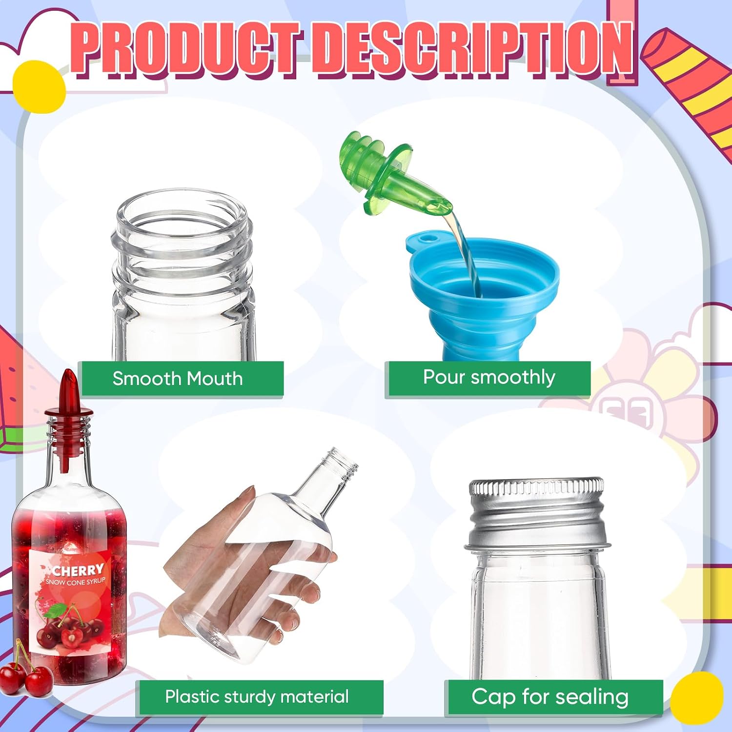 Maxcheck 12 Pcs Plastic Snowcone Syrup Bottles Snow Cone Supplies Empty Plastic Syrup Dispenser with Rainbow Pourer Plastic Long Neck Bottles for Summer Fruit Syrup Party(16 oz)