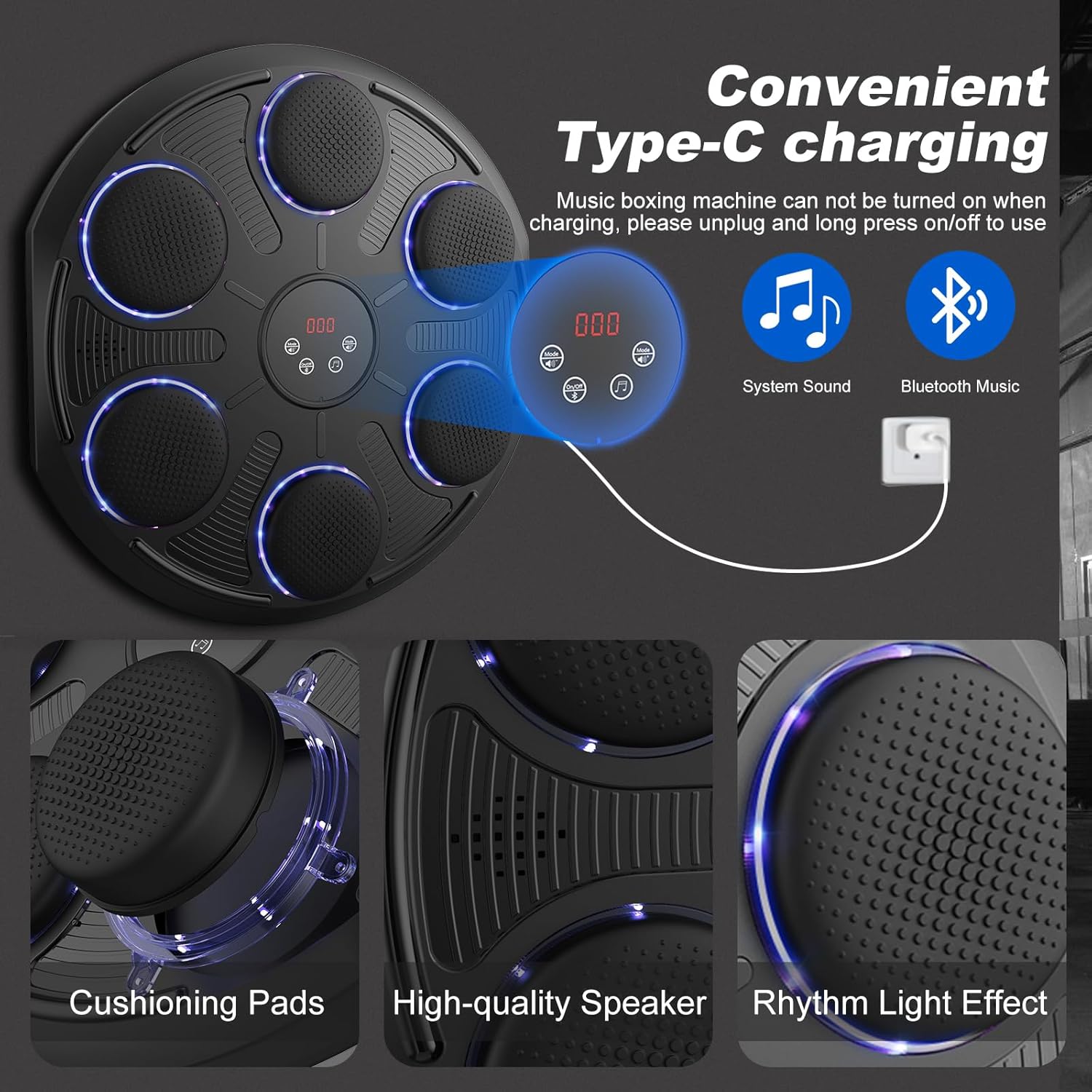 2026 Music Boxing Machine for Adults Kids, Smart Boxing Training Machine with Gloves, Wall Mounted Punching Machine with 12 Speeds & Modes, Reflex Training Suitable for Home,Office,Gym