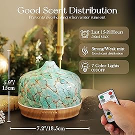 Porseme 500ml Essential Oil Diffuser, Aroma Ultrasonic Humidifier with Remote Control, BPA Free, Auto Shut-Off, 7 Color LED Light for Bedroom