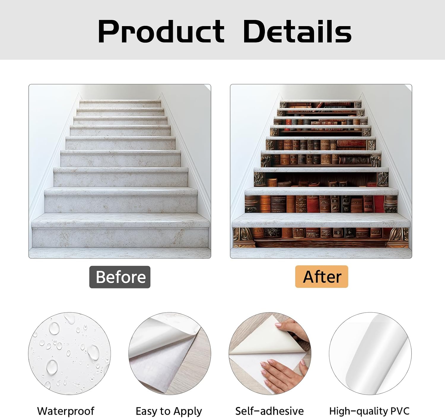 PLIGREAT Vintage Bookshelf Stair Risers Decals, 15 Pack Peel and Stick Staircase Stickers Self-Adhesive Creative Art Staircase Murals for Steps DIY Home Hotel Stair Makeover Decor, 7.1"x39"