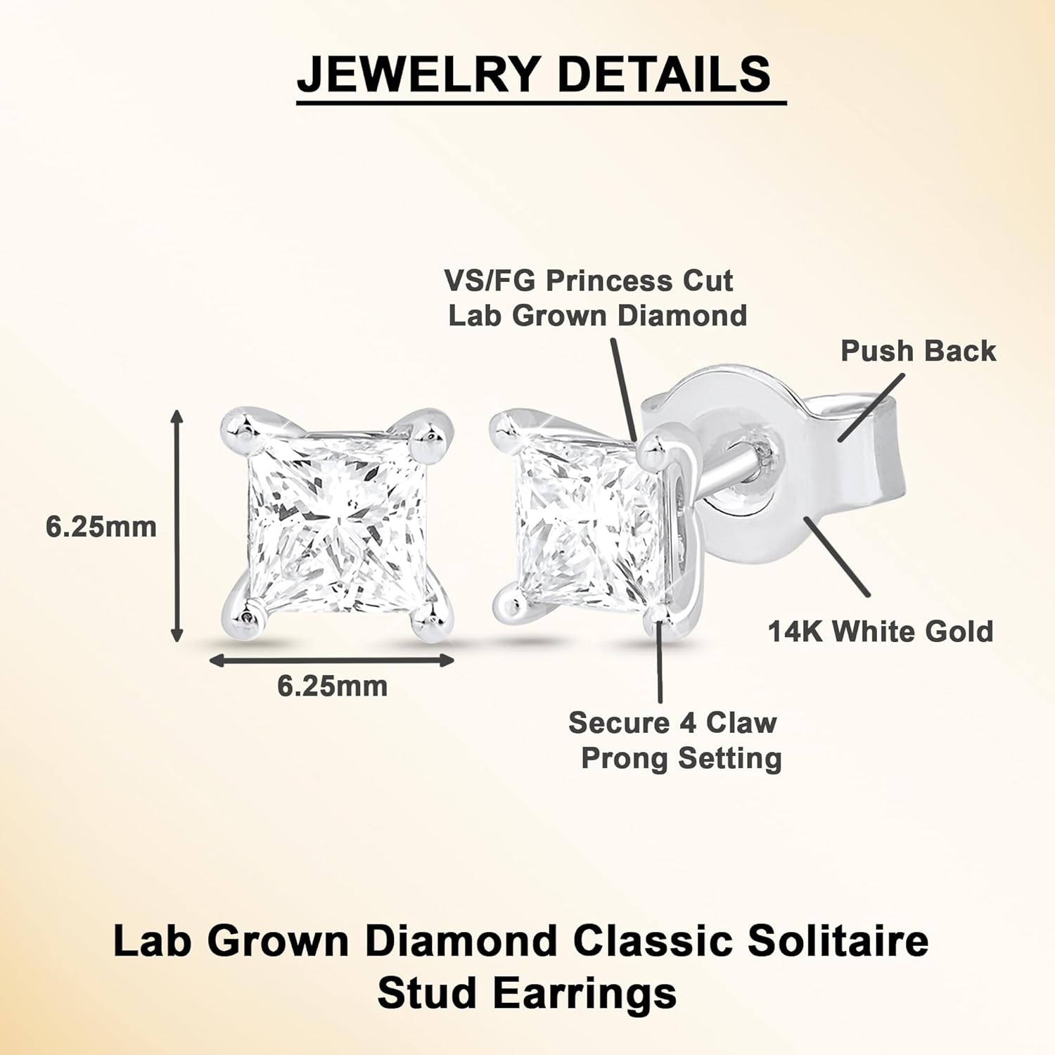 DEWBERRY 14KT Solid White Or Yellow Gold 1.00 Carat IGI Certified Princess Cut Lab Grown Diamond Classic Solitaire Studs Earrings for Women Push Back Earrings (Clarity: VS, Color: FG) - Image 4