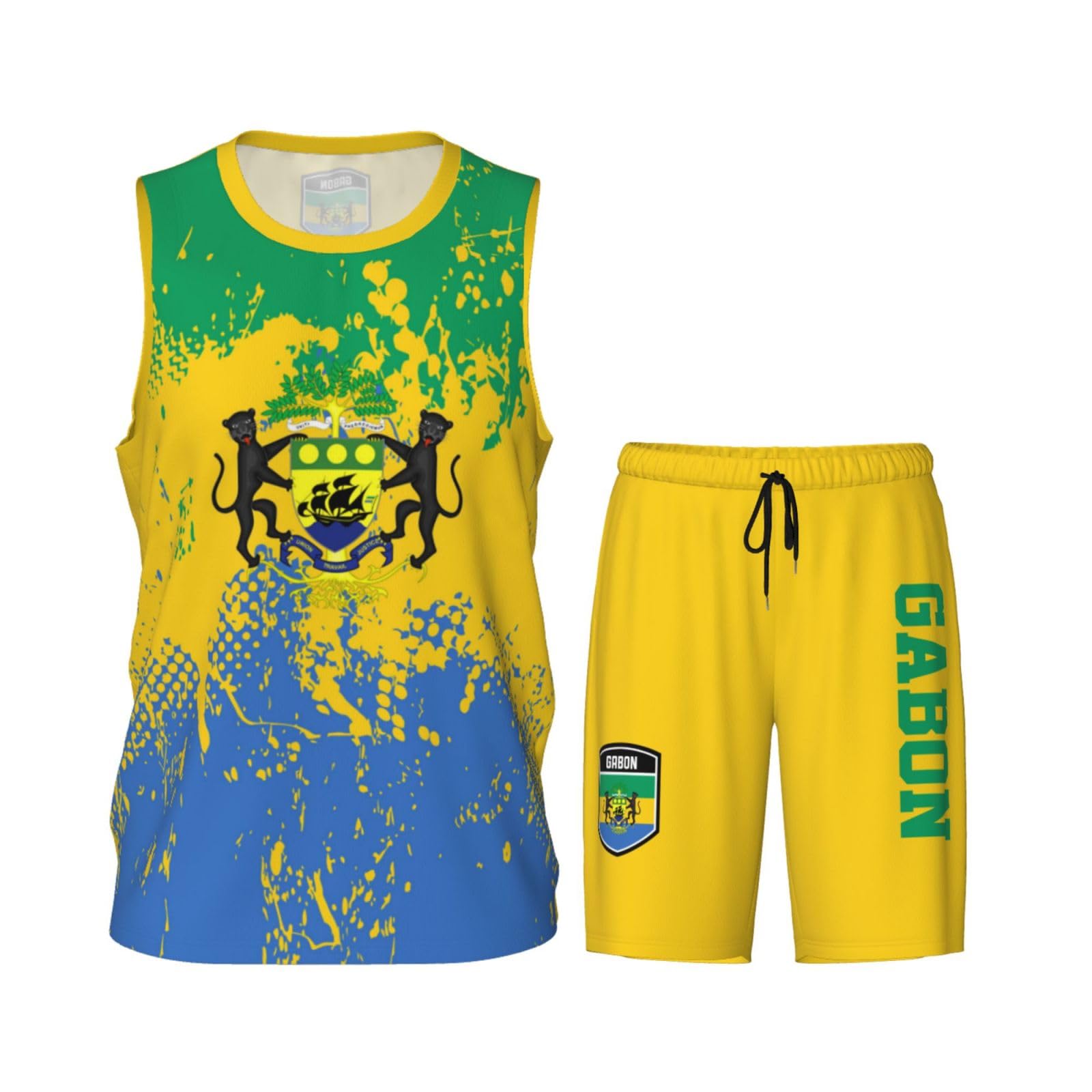Gabon Flag Grain (3) Basketball Jersey Uniform Suit for Men Women Adults Training Athletic Set