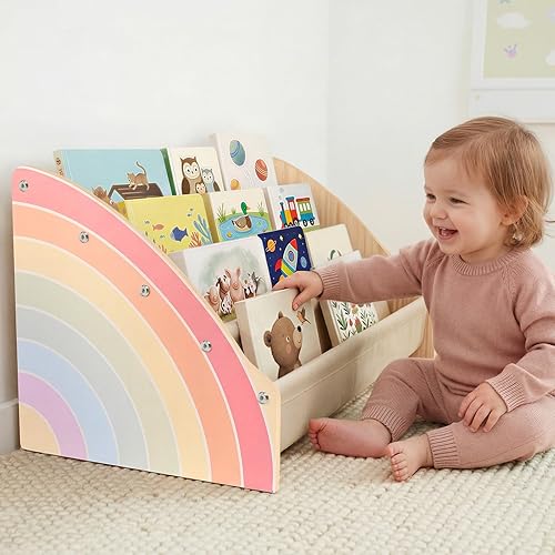 Toddler Bookshelf, 4-Tier Solid Wood Bookshelf for Kids Montessori Bookshelf