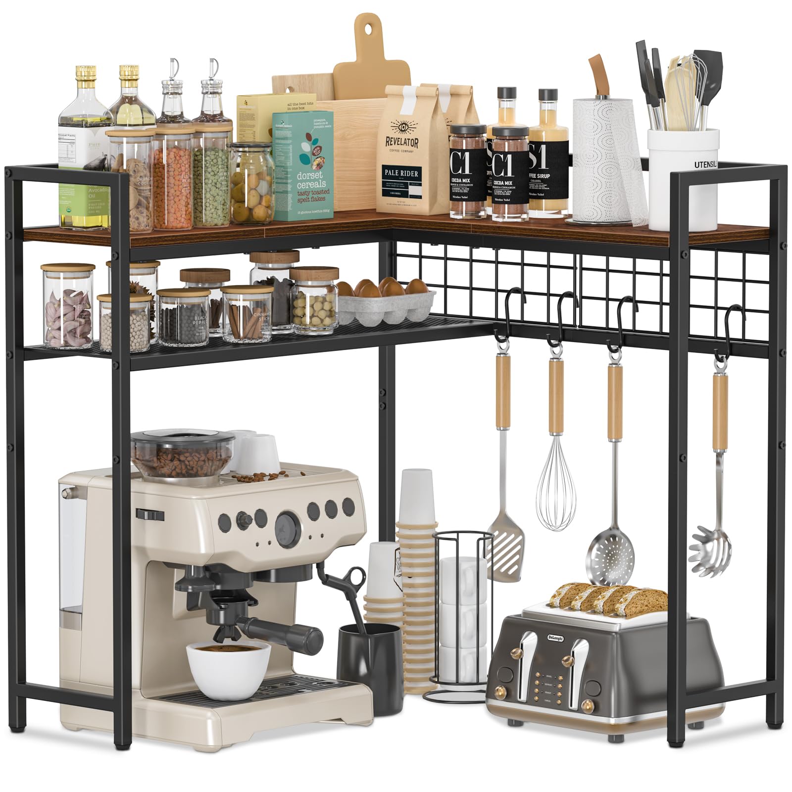 Snughome3 Tier Spice Rack, Corner Countertop Shelf Organizer for Kitchen, Coffee Counter Shelf Organizer, Kitchen Storage Rack, Rustic Brown