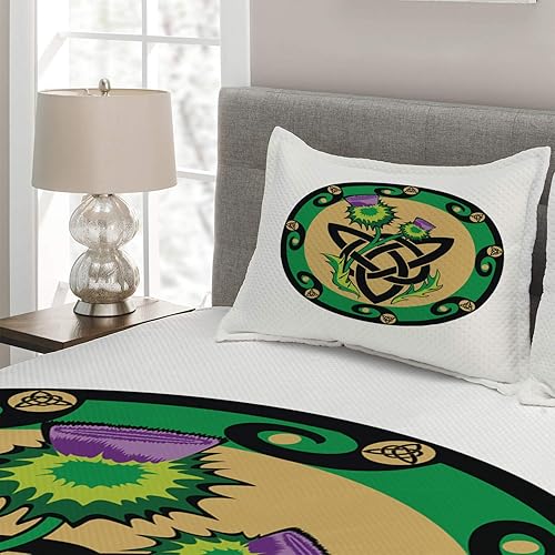 Miniatura 2 de Ambesonne Colcha de cardo, pétalo de cardo y tallos con espinas en un borde circular de nudo celta, juego de colcha acolchada decorativa de 3 piezas