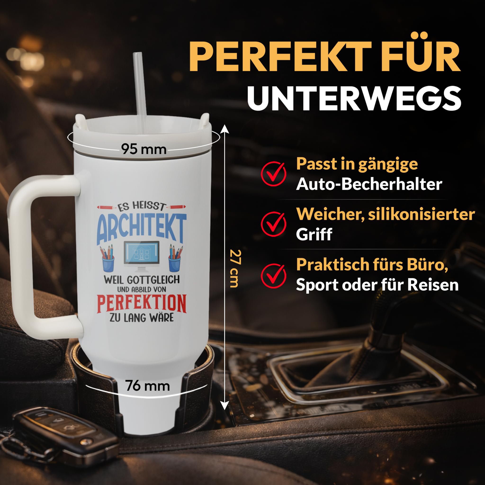 XXL Thermobecher für Architekten & Bauzeichner – Lustiges Geschenk zum Geburtstag, Abschied & Weihnachten – Edelstahl Trinkflasche, Weiß mit Architekt Spruch (WIEDERVERWENDBAR)