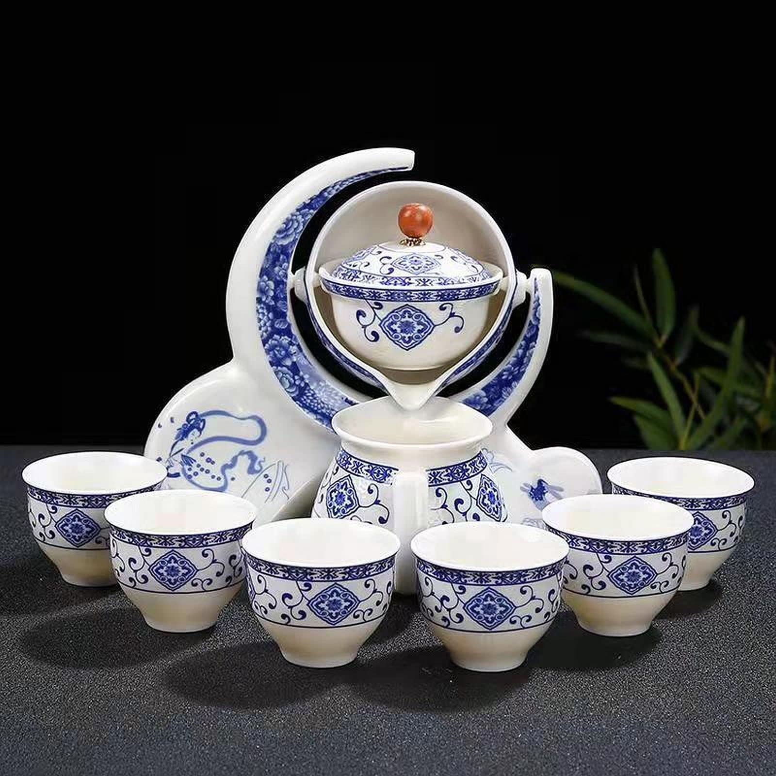 Hochwertige Chinesische Tee-Set-Geschenkbox, Rotierendes Kung Fu Tee-Set, Reines Handfeuern, Mit Rotierender Teekanne und Infuser, Geeignet für Büro, Zuhause, Geschenk (Halbmond weiß)