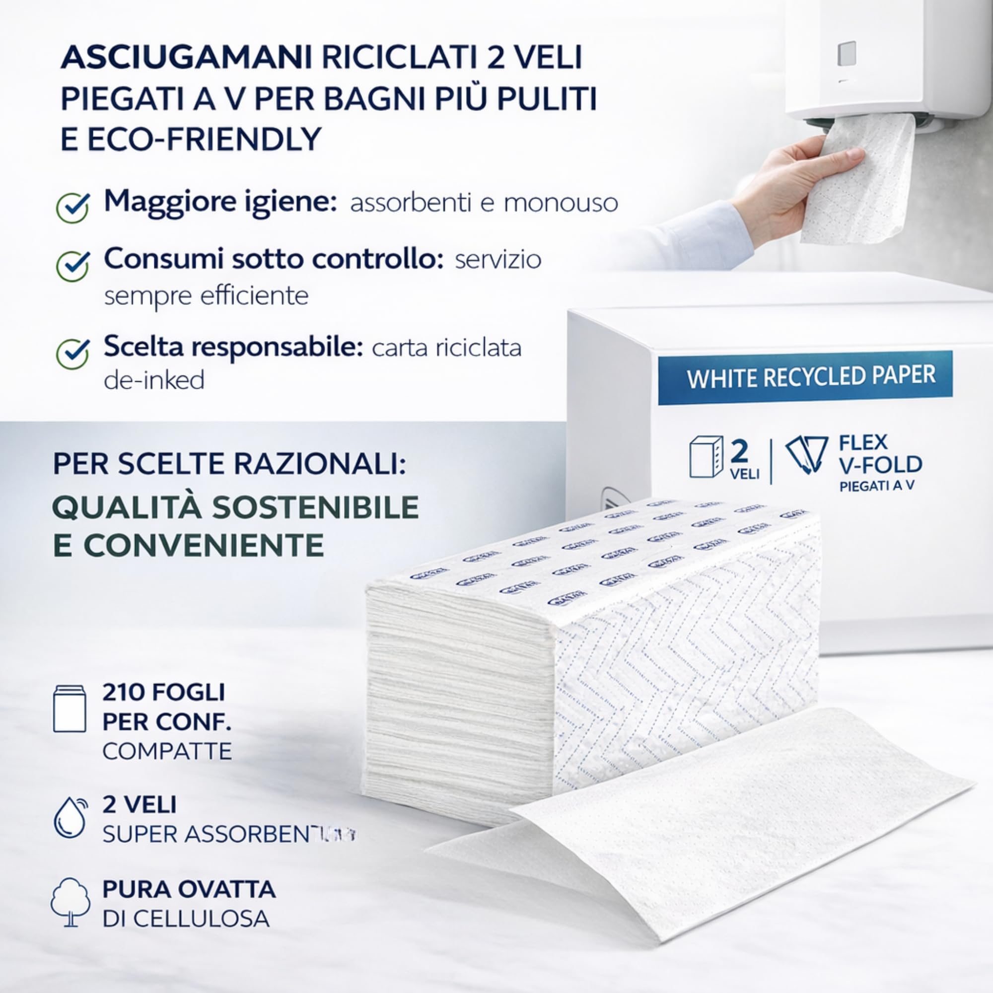 6300 Fogli Di Asciugamani Monouso di Carta Piegati a V - 30 Confezioni da 210 fogli - 2 Veli in Carta Riciclata De-Inked Bianca per Dispenser, Ideali per Bagni di Uffici, Bar, Ristoranti e Casa