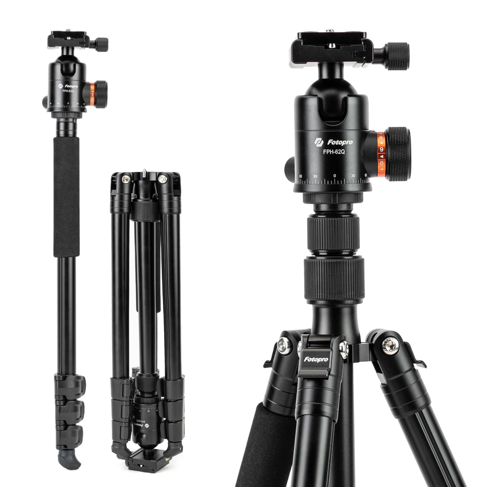 Fotopro Statyw do aparatu 165 cm, aluminiowy statyw podróżny 2 w 1 i noga 360°, zdejmowany statyw jednonożny do lustrzanek cyfrowych, maksymalne obciążenie 8 kg / 17,63 lbs