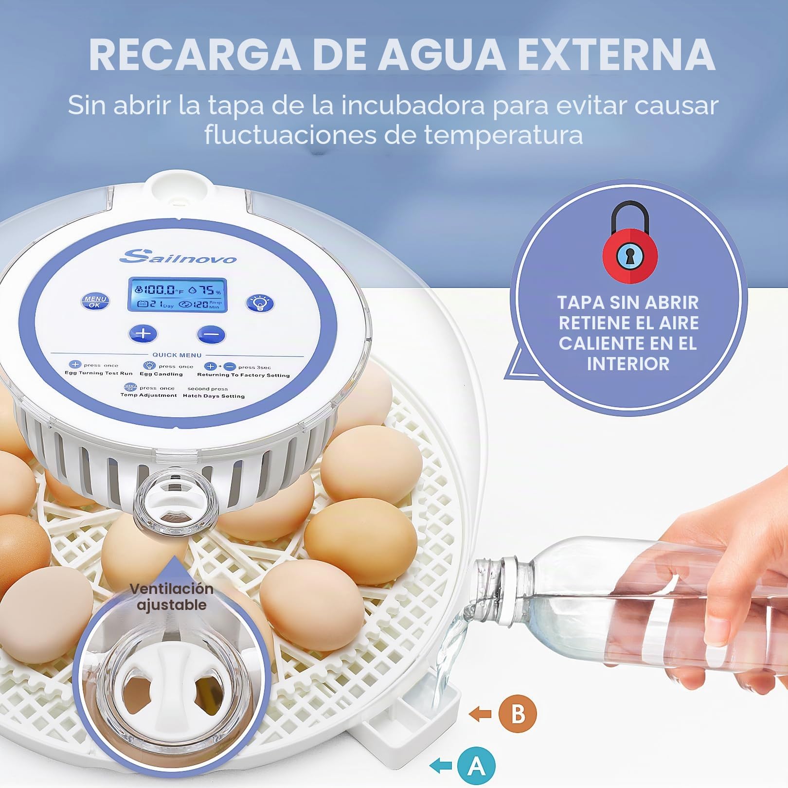 Sailnovo Incubadora Automatica de 18 Huevos Totalmente Automática, Pantalla ℉, Días de Eclosión, Nivel de Humedad, Rotación y Parada Automáticas, Vela de Huevo – Vista de 360° Incubadora