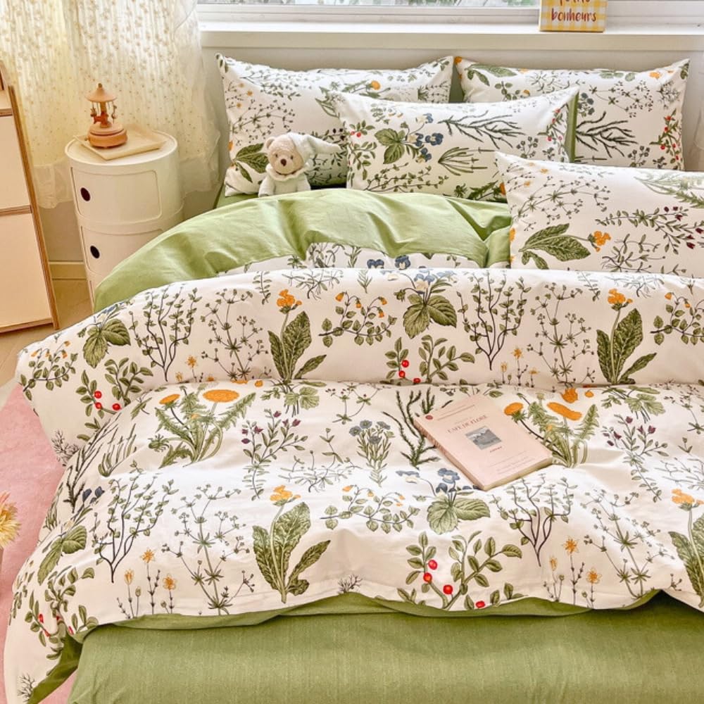 Housse De Couette 200x200 Cm 100% Coton - Motif Fleurs Roses Et Feuilles Vertes Sur Fond Beige - 3 Pièces (Housse + 2 Taies 65x65) - 5