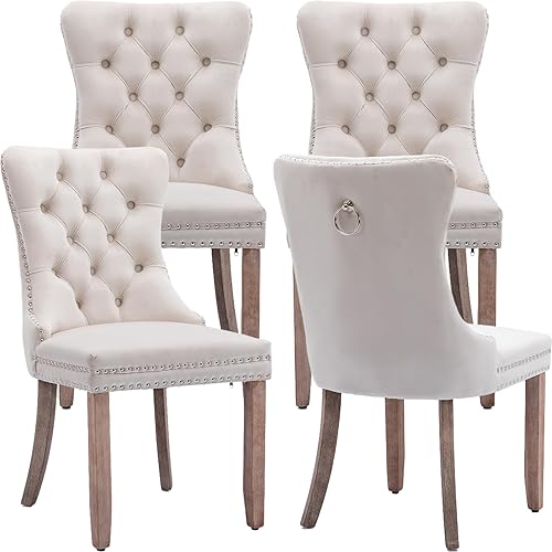 Juego de 4 sillas de comedor modernas, sillas de comedor tapizadas con patas de madera maciza, silla decorativa de terciopelo beige, Sillas de