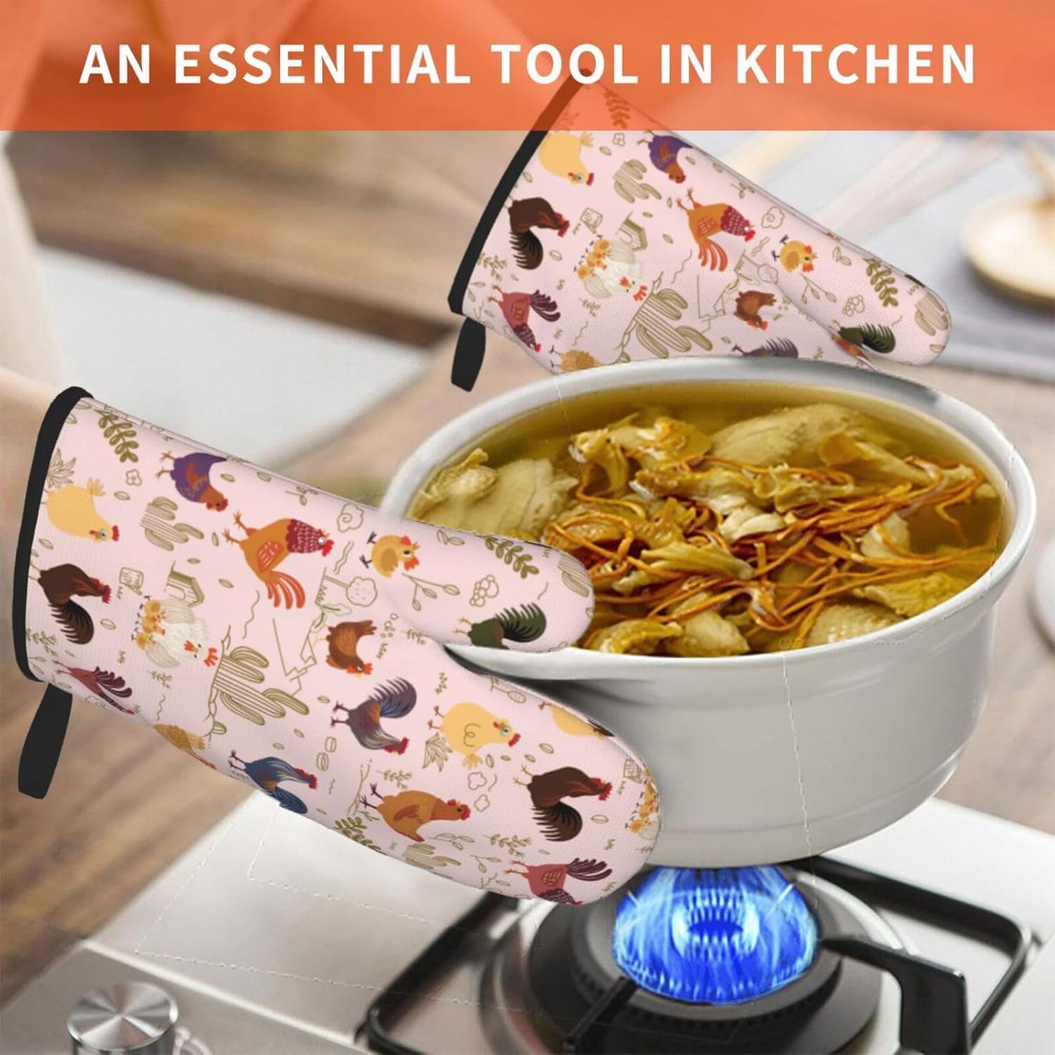 Chicken Pattern Oven Mitts of 2-Pack Set, Funny Kitchen Gloves Heat Resistant Non-Slip Kitchen Mitts Safe Cooking Baking Grilling - Image 5