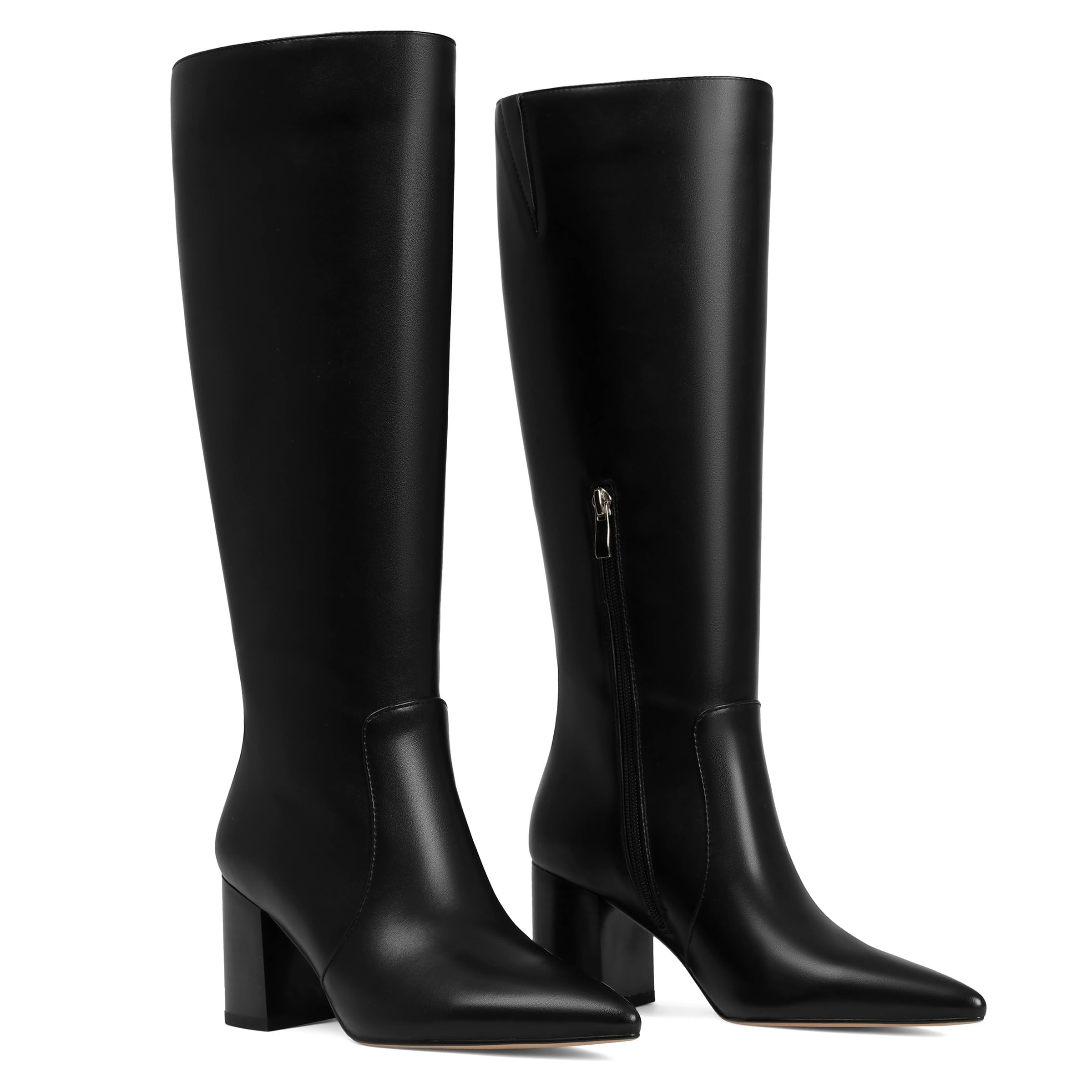 CELNEPHO Knee High Boots Women Chunky Block High Heel Tall Boots Pointed Toe Side Zipper Leather Fall Boots