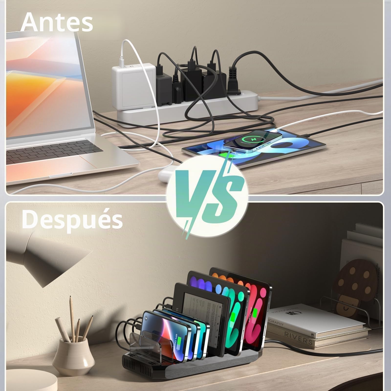 SUIDEK Estación de Carga multiUSB para múltiples Dispositivos, 60 W, 10 Puertos, estación de Carga múltiple con Puerto QC3.0 y divisores Ajustables compatibles con tabletas, teléfonos Inteligentes | Estación de carga rápida multiestación de carga con divi