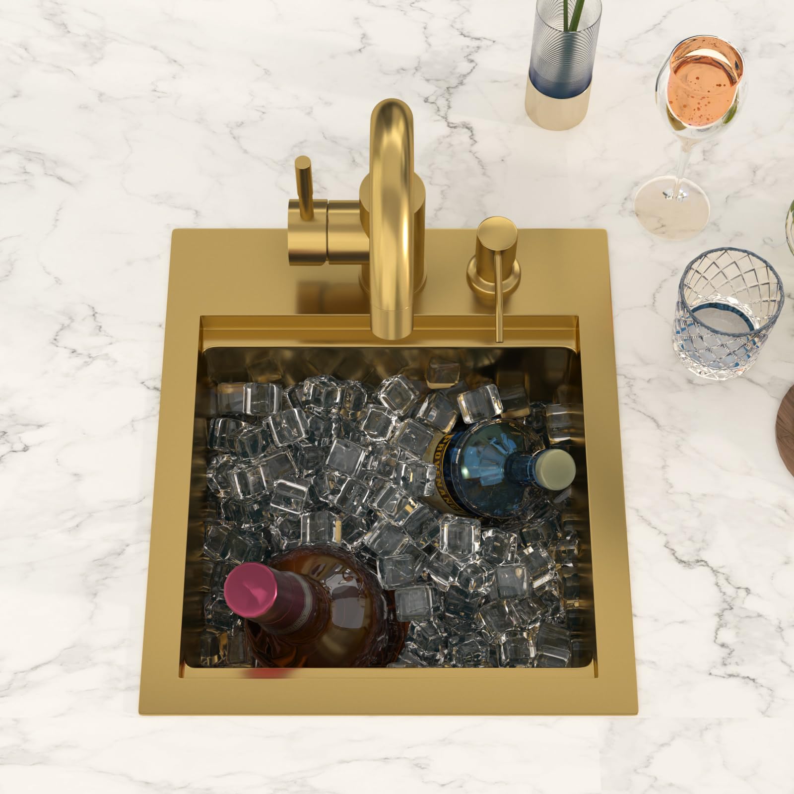 Fulorni 13x15 Drop-In Wet Bar Sink Workstation – Brushed Gold NANO-PVD, 16-Gauge 304 Stainless Fulorni 13x15 Drop-In Wet Bar Sink Workstation – Brushed Gold NANO-PVD, 16-Gauge 304 Stainless