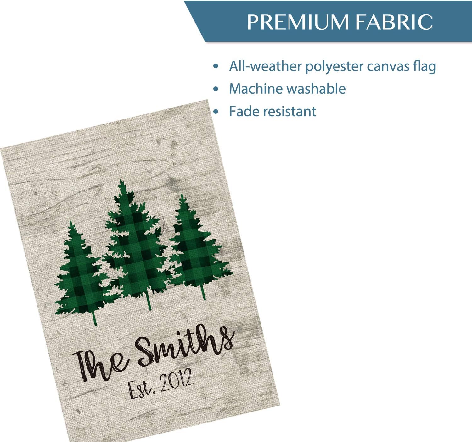 Smile Personalized Christmas Trees House Flag, Green Buffalo Customized Family Name and Established Year, Double Sided 28 x 40 Inch Rustic Farmhouse Burlap Yard Outdoor Decoration