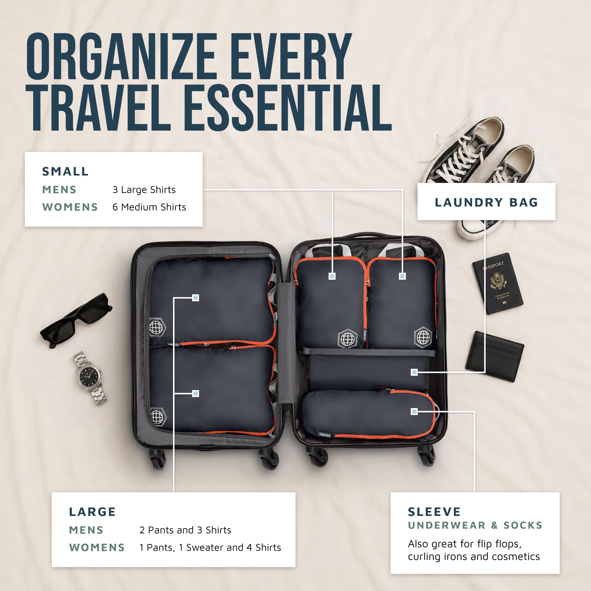 Lot de 6 cubes d'emballage de compression pour voyage, gris et orange