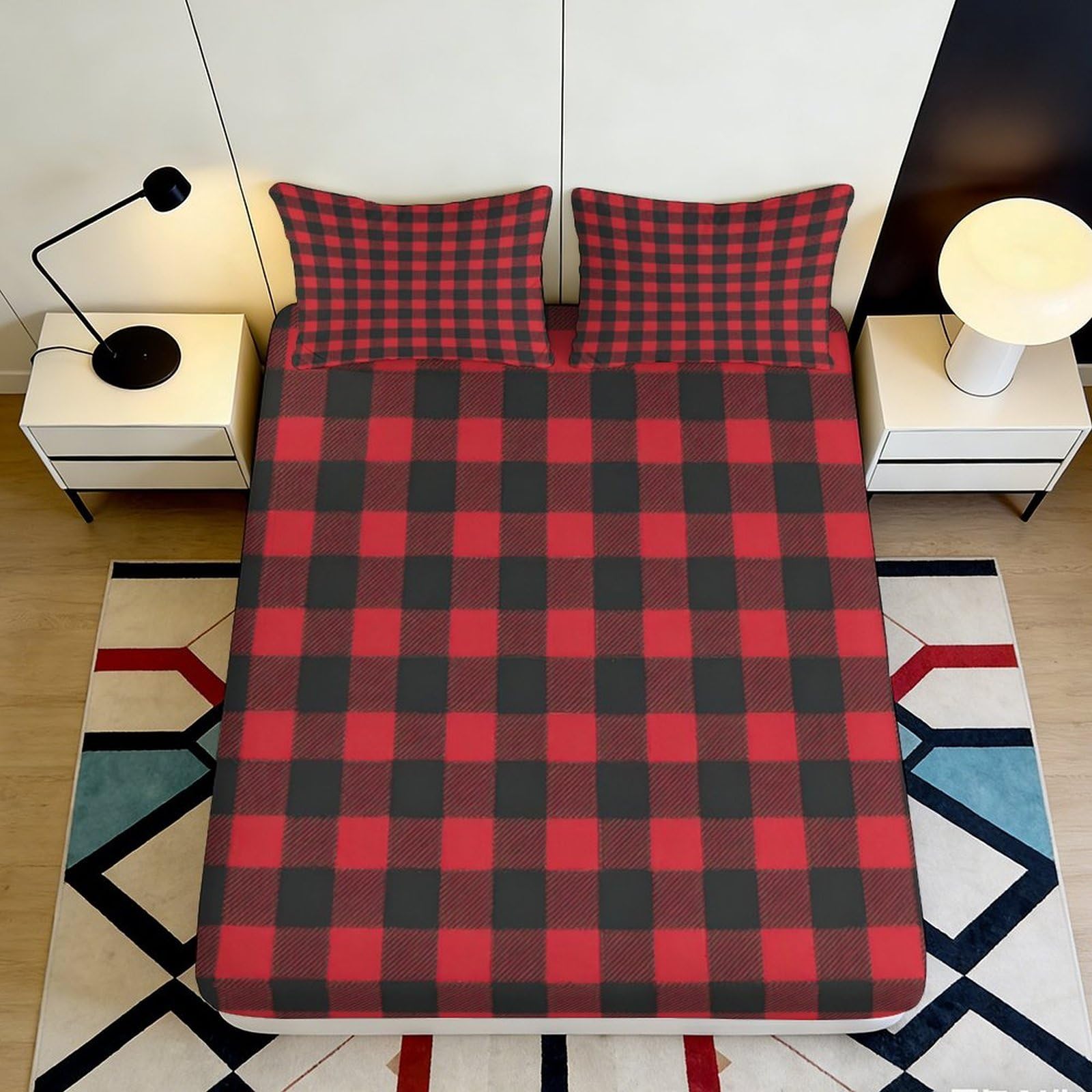 3D Printed Red Black Checkered Fitted Sheet Microfiber Soft Durable Plaid Mattress Cover for Bedroom Dormitory Guest Room Protection Decoration 180x200x25cm