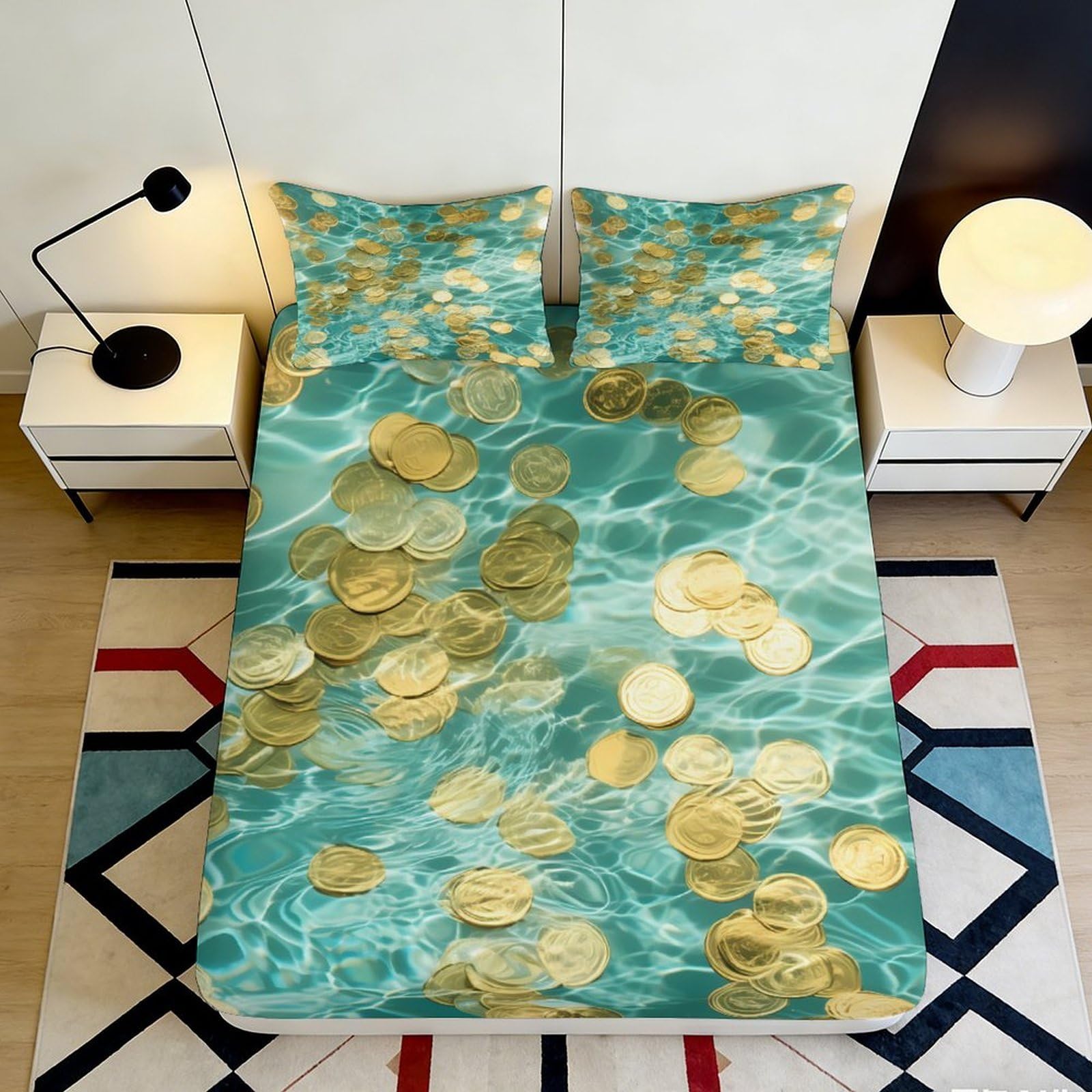 Kzqnxhjprl Style-4 3D Printed Gold Coins Water Fitted Sheet Microfiber Non Slip Bed Sheet For Bedroom Dorm Mattress Protection Decor 90X200x25cm