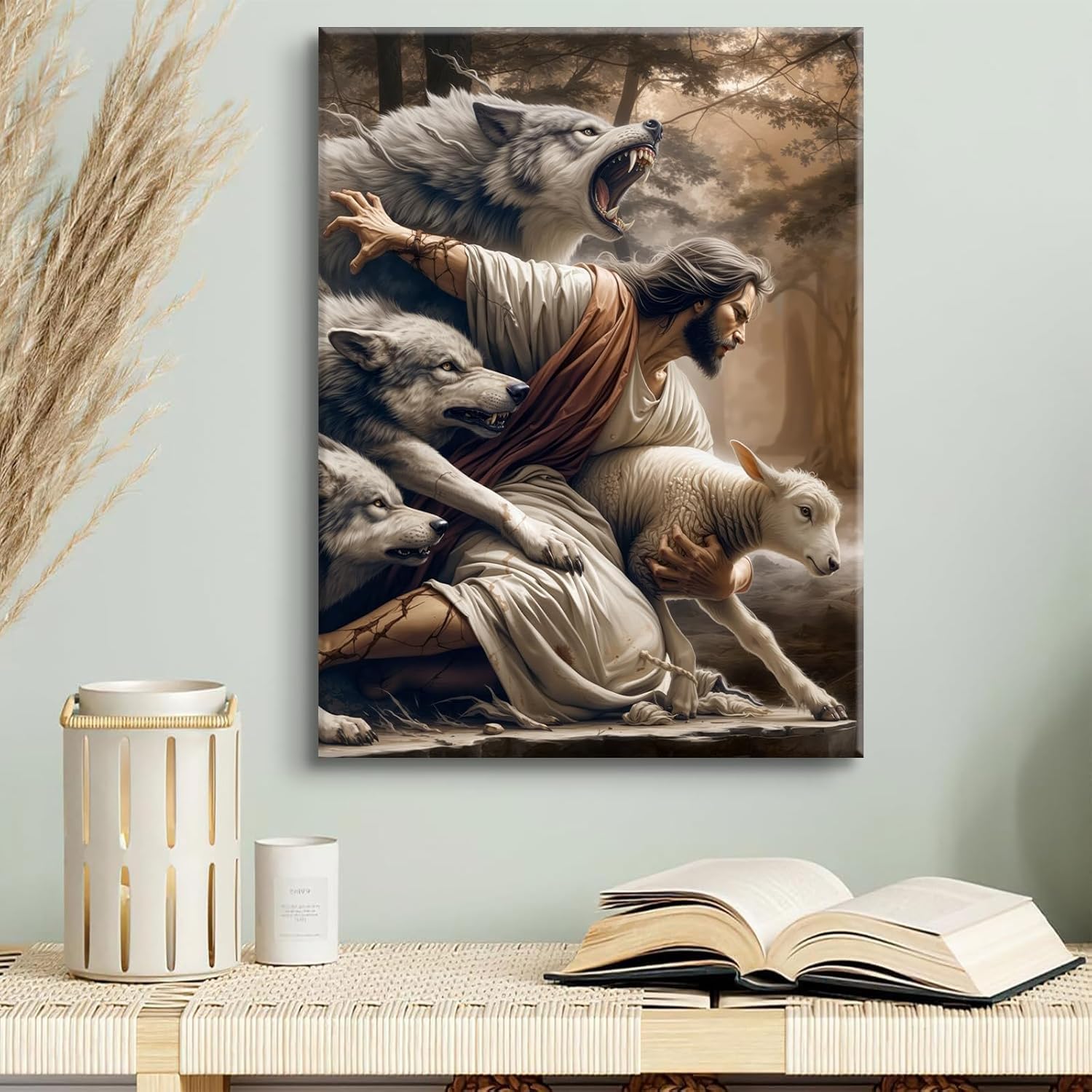 Jesus and Lamb Canvas Wall Art Jesus Saves The Lost Lamb Picture Wall Decor God Protect A sheep From Wolves Painting Print Christian Poster Artwork for Living Room Bedroom Church（16x24in Canvas）