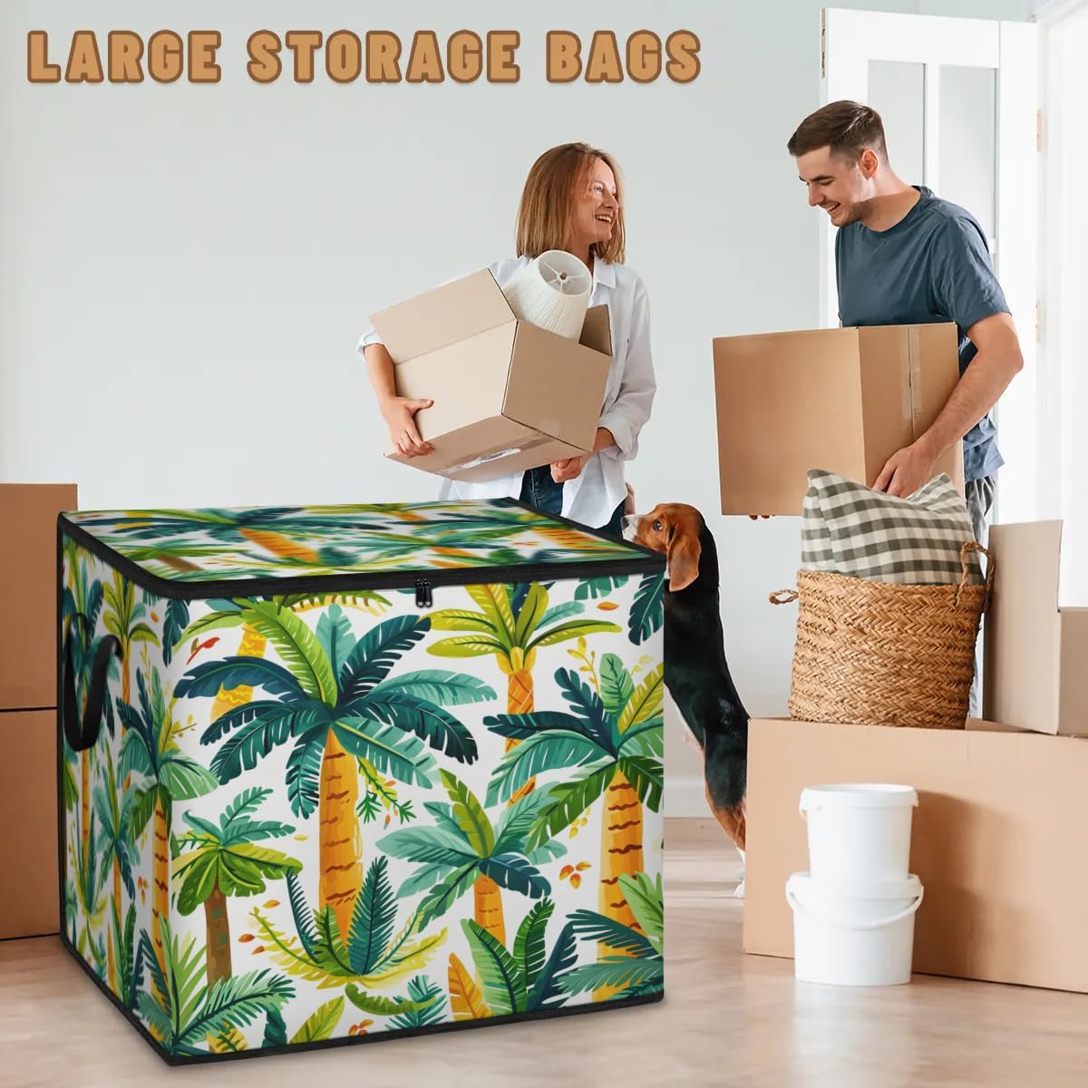 Honeybaby 214L Extra Large Comforter Storage Bag Coconut Tree Tropical Storage Totes with Lids Waterproof Closet Organizer Folding Blanket Storage Bags for Clothes Bedding Pillows