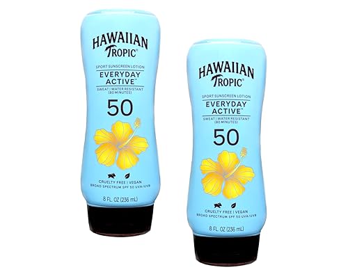 Hawaiian Tropic Everyday Active Sunscreen Lotion SPF 50, resistente al agua, protección UVA/UVB de amplio espectro, 8 onzas líquidas (paquete de 2)
