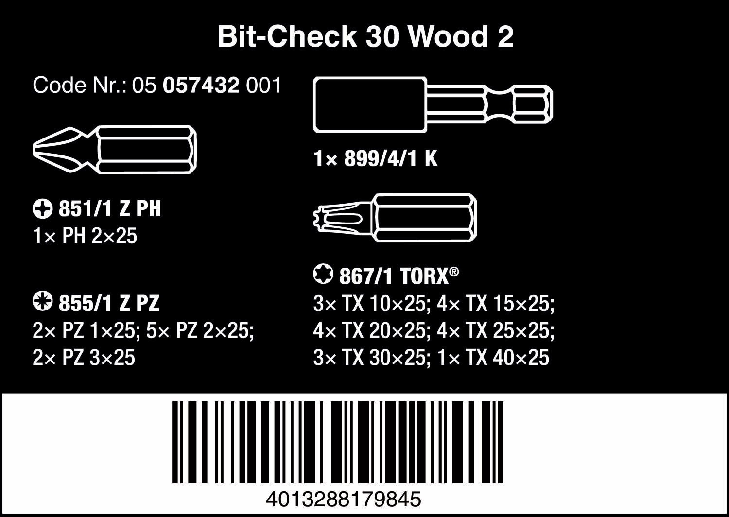 Image secondaire de Wera 05057432001 Bit-Check 30 Wood 2, 30 pièces, Or/gris