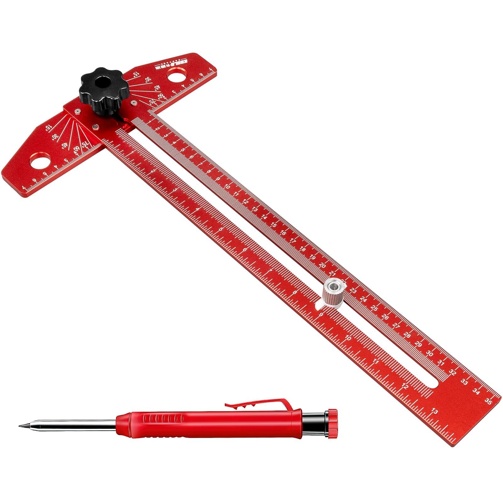 Équerre de Menuisier en T avec Règle Traceur, 40 cm Règle d’Angle en Alliage d'Aluminium, Rapporteur de Menuiserie Ajustable avec Gravée pour Bricolage Charpentier Architecte (Rouge)
