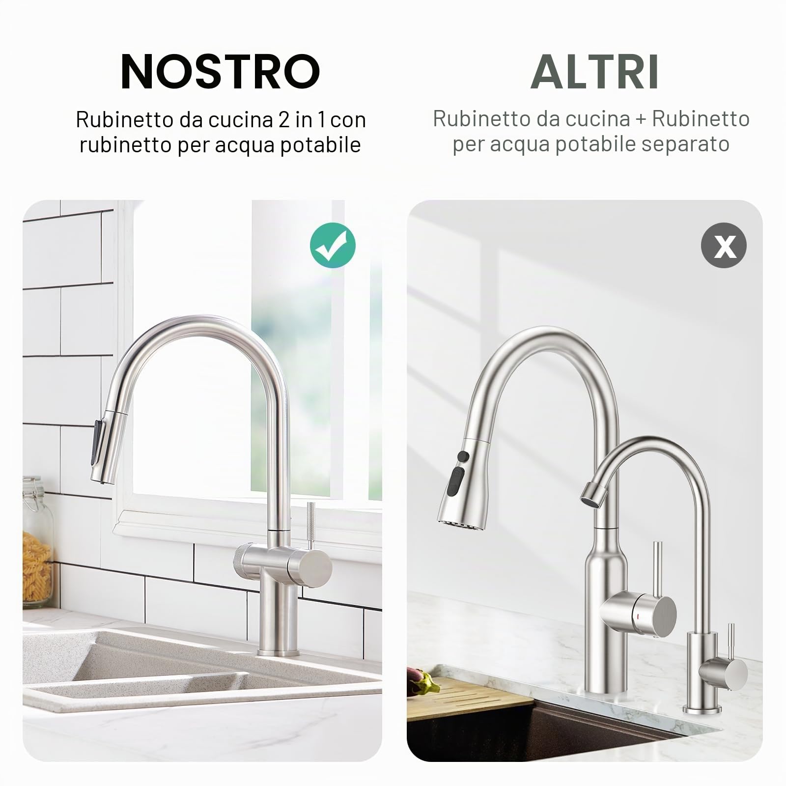 Faustina Rubinetto da Cucina a 3 vie con Doccetta estraibile, Rubinetto da Lavelli per Cucina a doppia leva 3 in 1 per filtro Dell'acqua Osmosi spazzolato