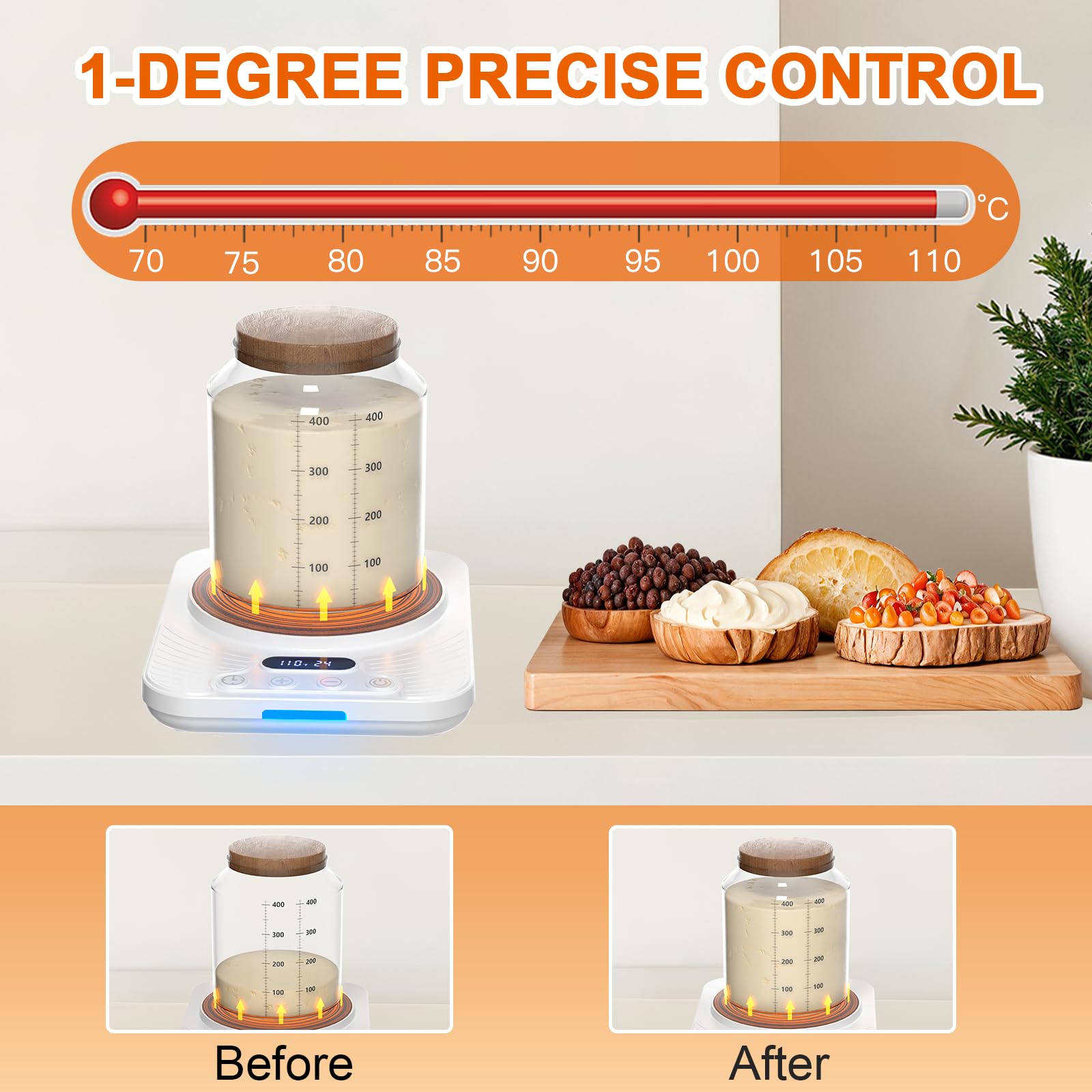 Sauerteigstarterwärmer, Präzise 1°C Einstellbar (21–43 °C), Wärmematte mit 24-Stunden-Timer & Speicherfunktion, Weiß